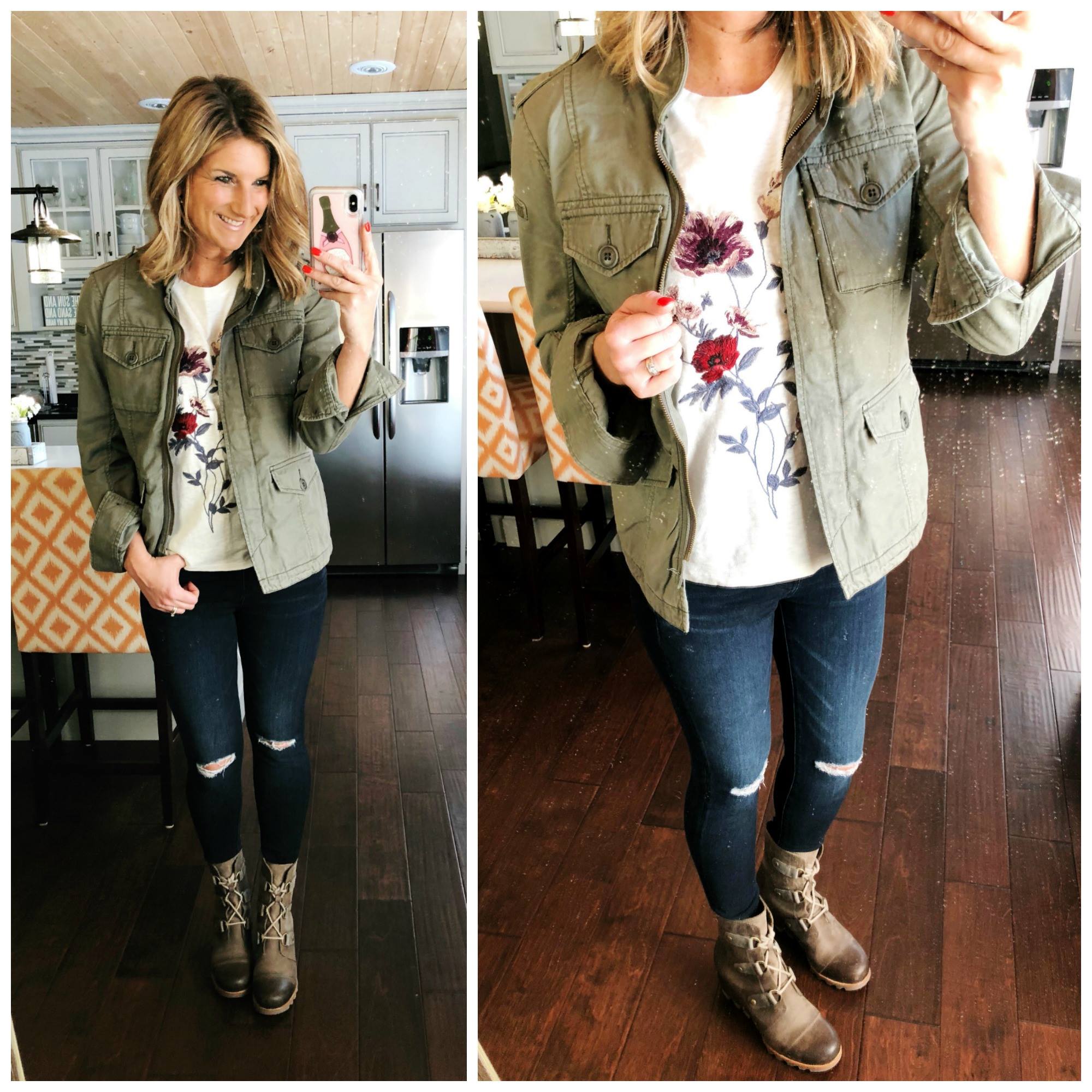 Embroidered Top + Military Jacket + Distressed Jeans + Wedge Boots // Spring Outfit 