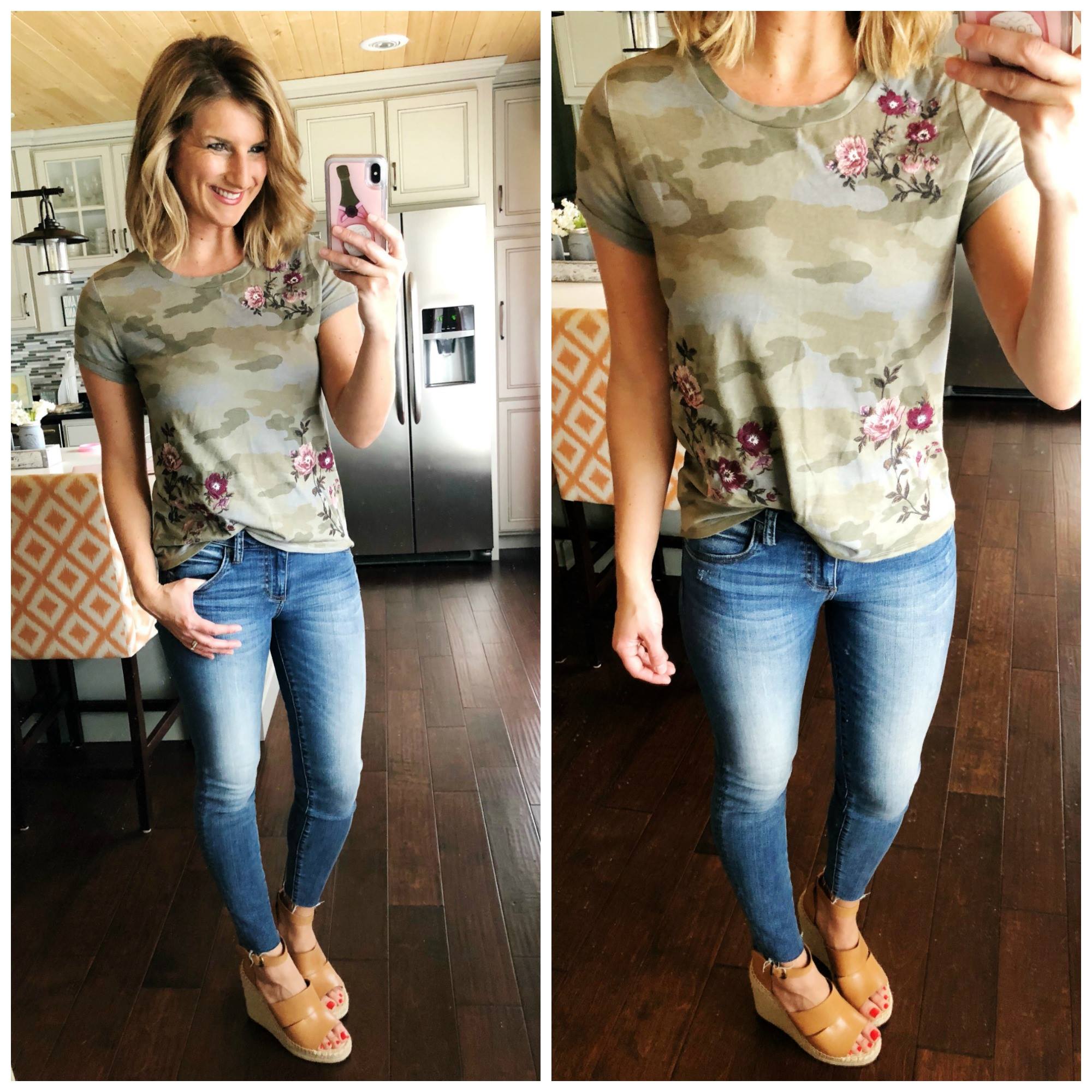 Embroidered Camo Top // Light Wash Jeggings + Wedge Sandals // Spring Fashion