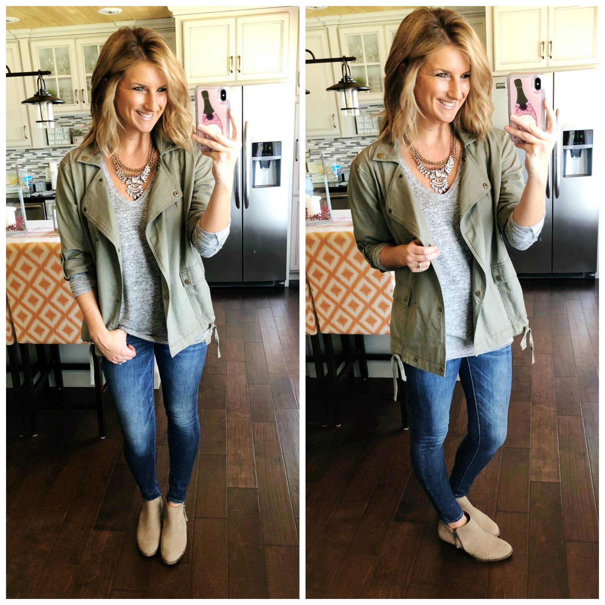 Military Jacket + Grey Top + Jegging + Statement Necklace + Booties // Spring Outfit