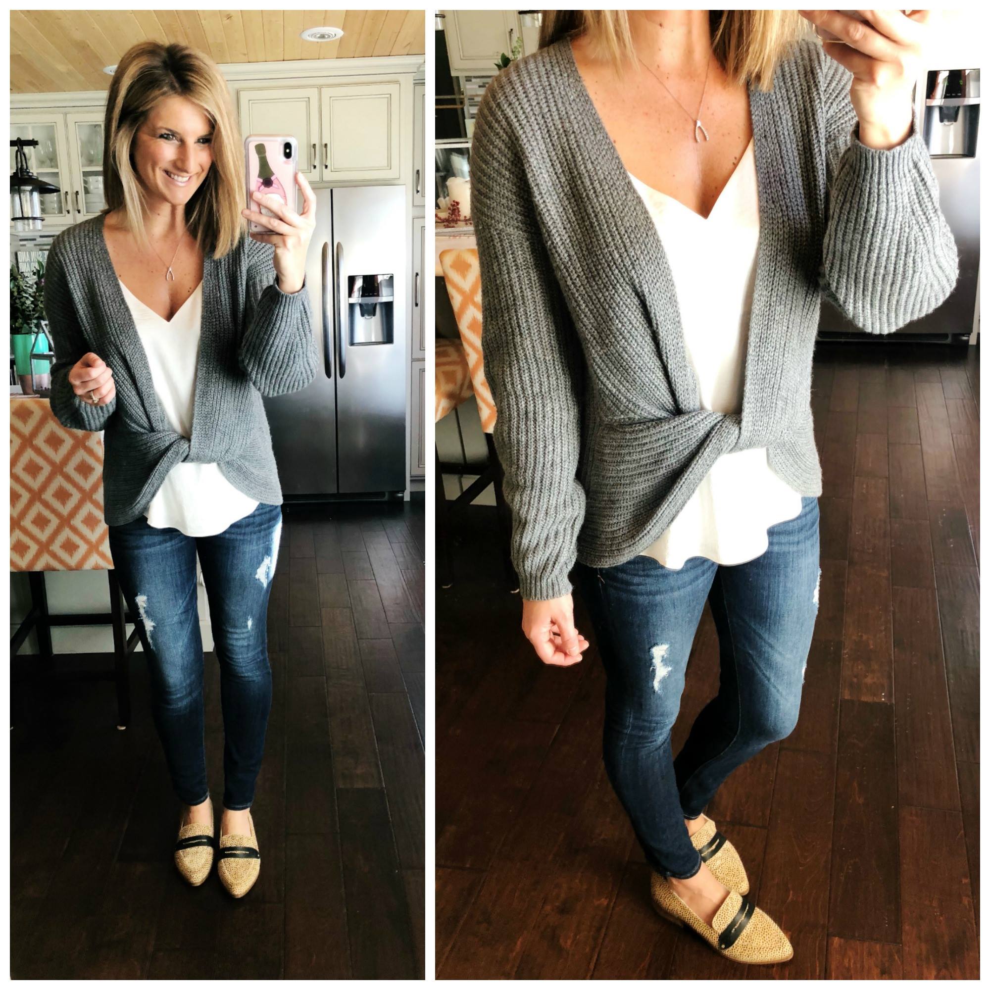 Date Night Outfit // V Neck Cami + Distressed Jegging + Twist Front Sweater