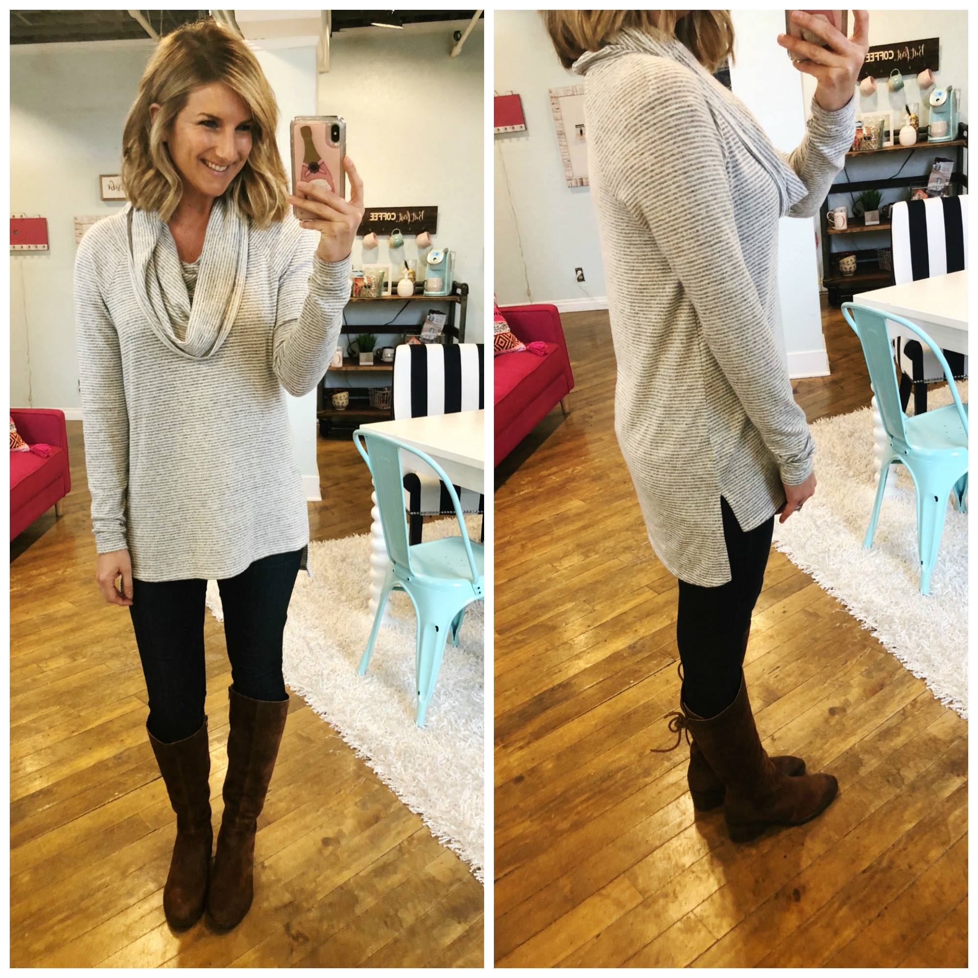 Casual Spring Outfit // Grey Tunic + Jeggings + Tall Born Boots