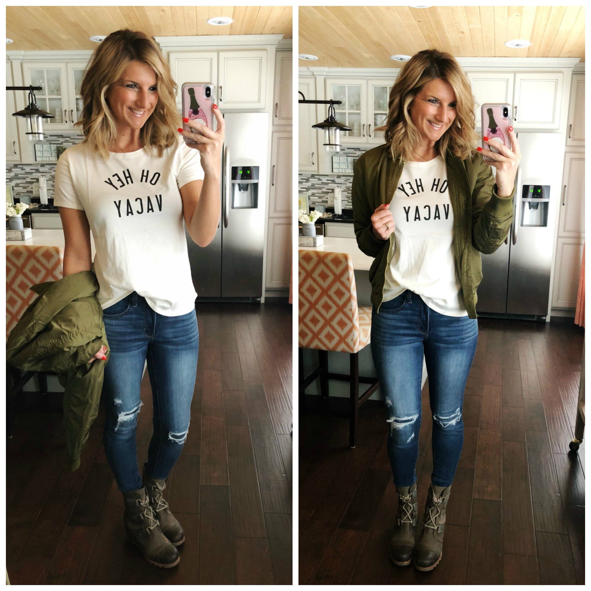 Graphic Tee + Distressed Jeggings + Bomber Jacket + Wedge Boots // Vacay Tee