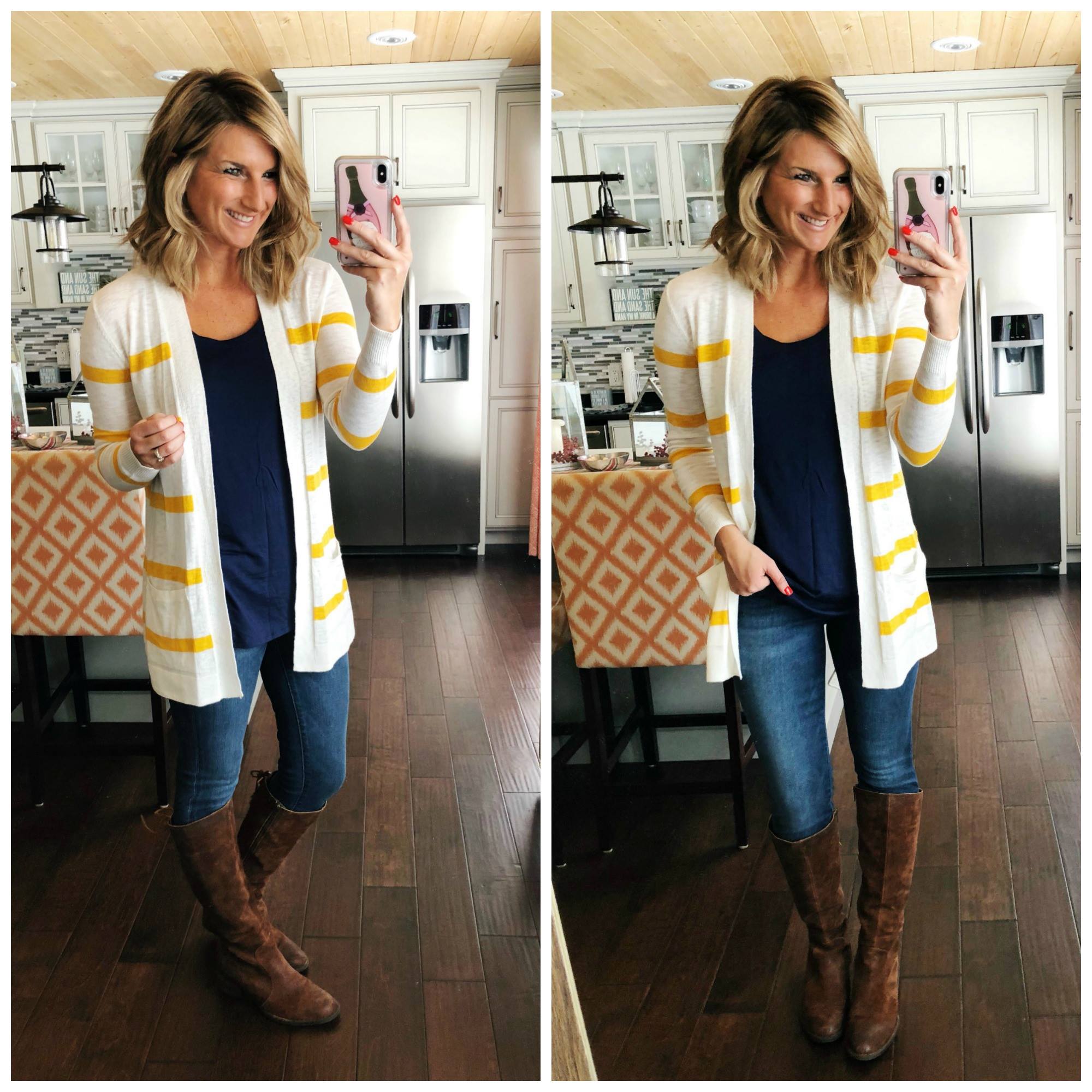 Striped Cardigan + Tank + Jegging + Riding Boots