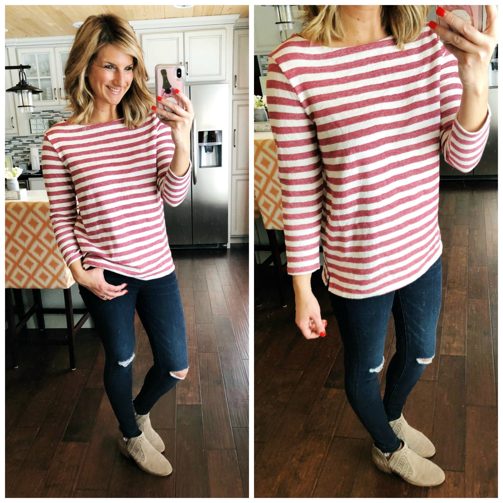 Striped Top + Distressed Jeans + Tan Booties 