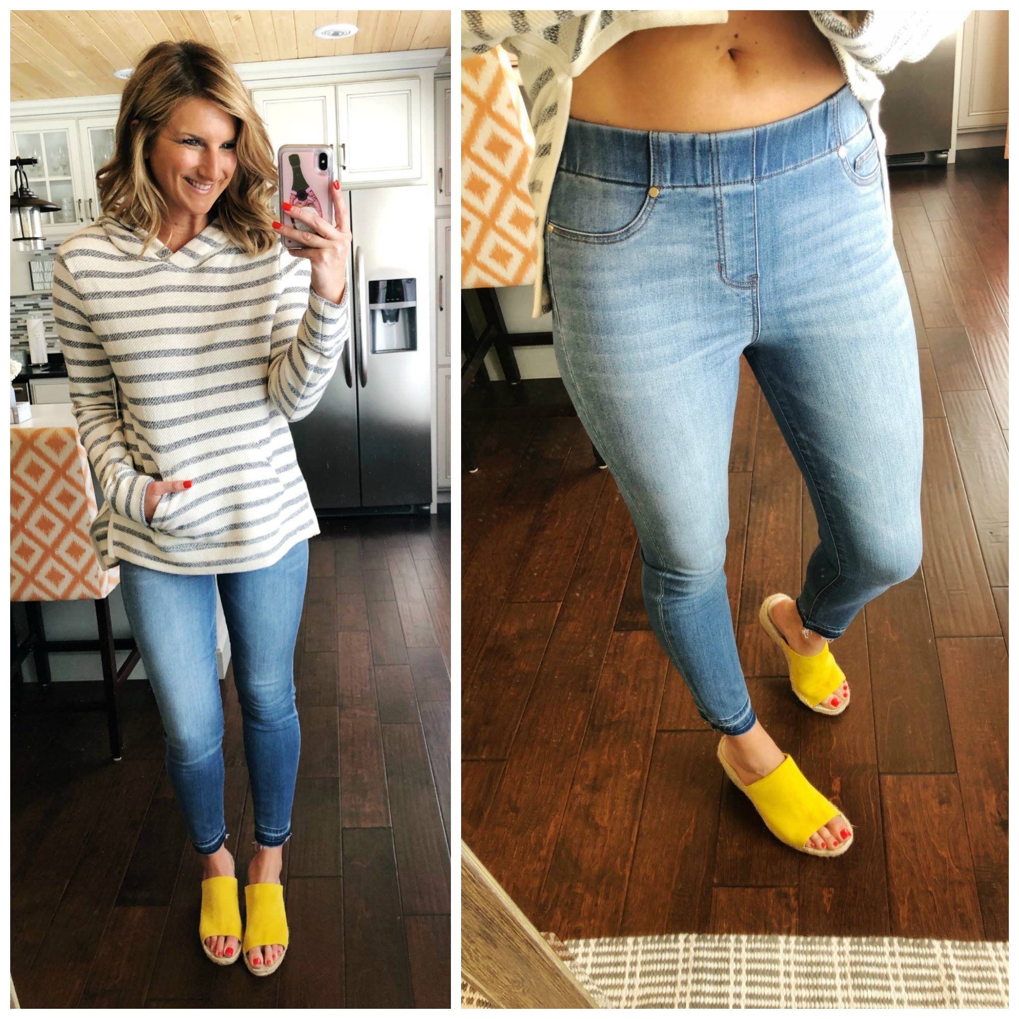 How to Style Pull On Jeggings // Striped Pullover + Wedge Sandals