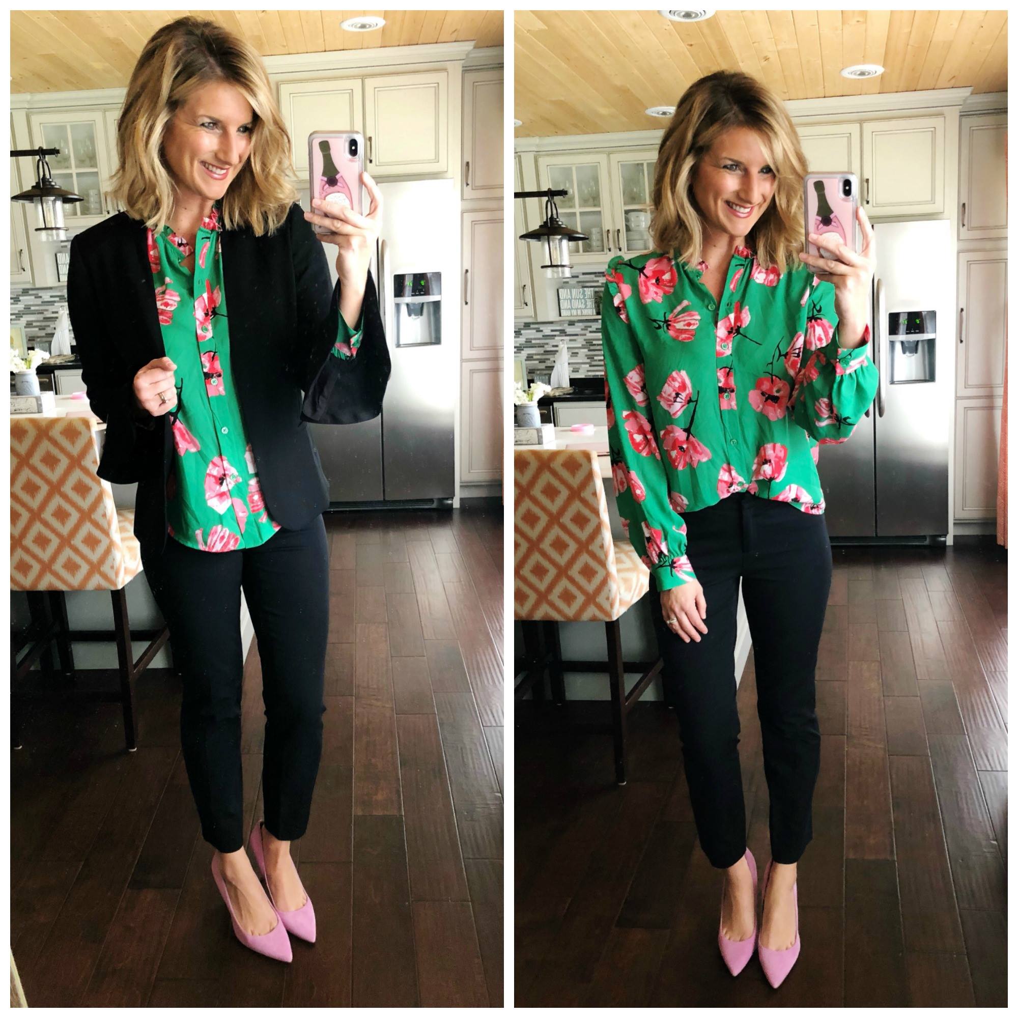 Spring Work Outfit // Floral Top + Dress Pants + Blazer + Heels