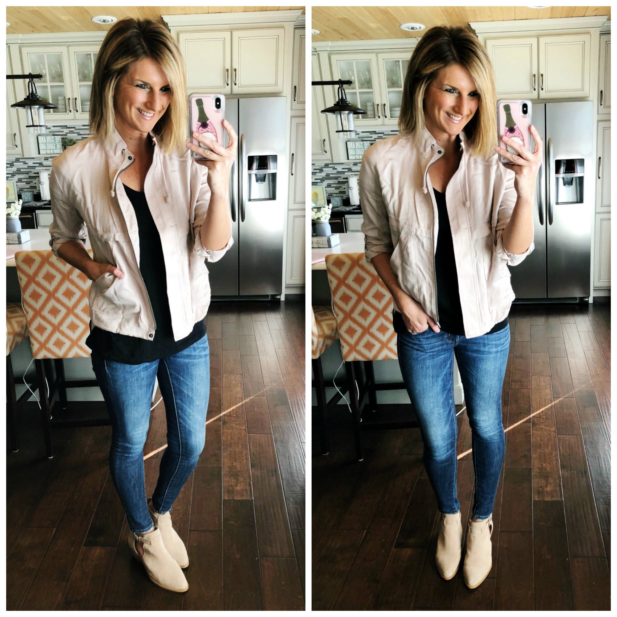 V Neck Tee + Jeggings + Blush Jacket + Spring Booties // Spring Layers