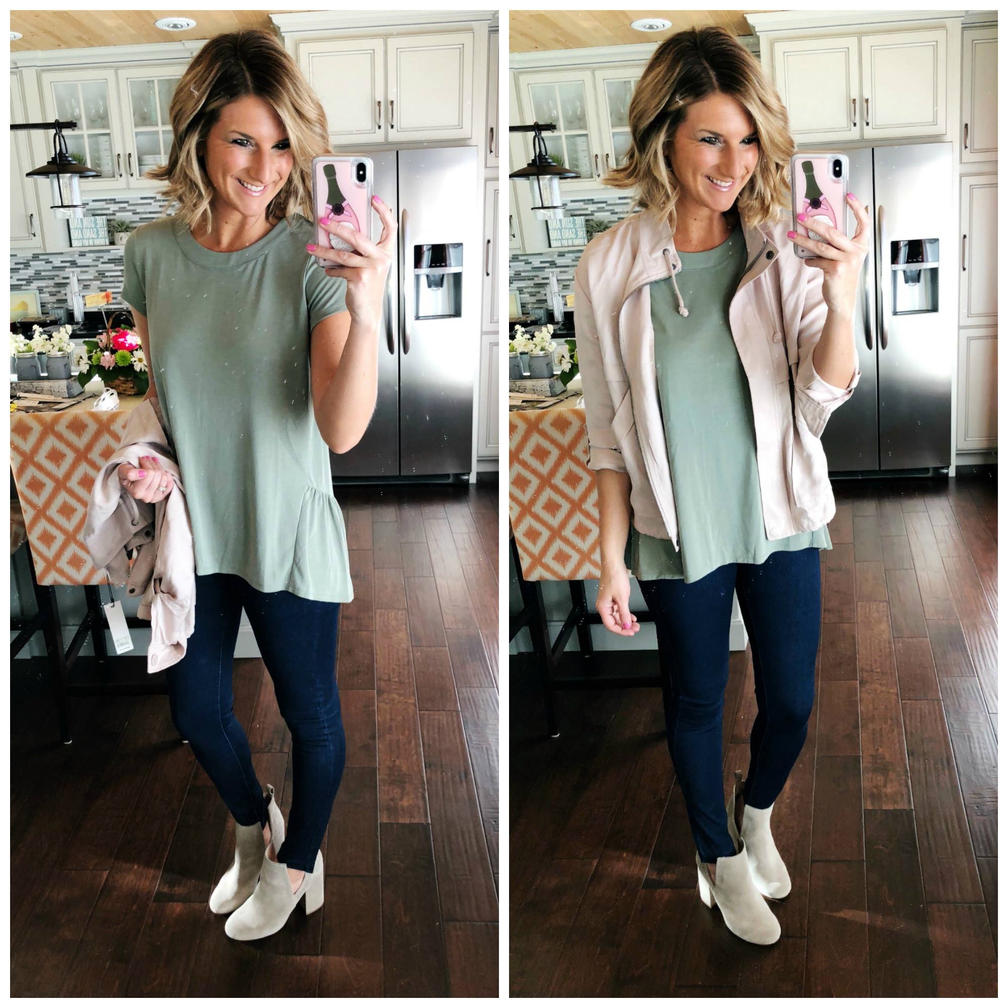 Spring Jacket // Casual Spring Outfit // Ruffle Hem Top + Pull On Jeggings + Blush Jacket + Cutout Booties