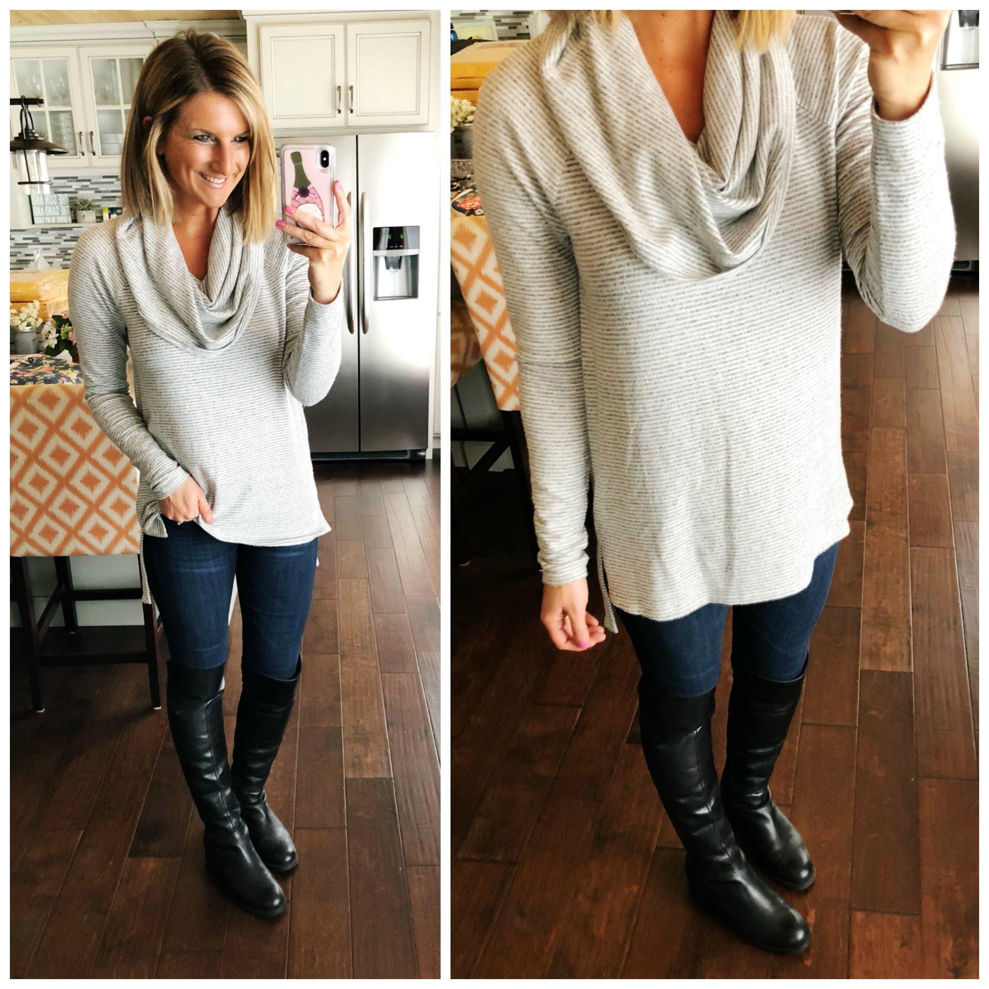 How to Wear a Convertible Neckline Top // Grey Striped Tunic + Jeggings + Knee High Black Boots