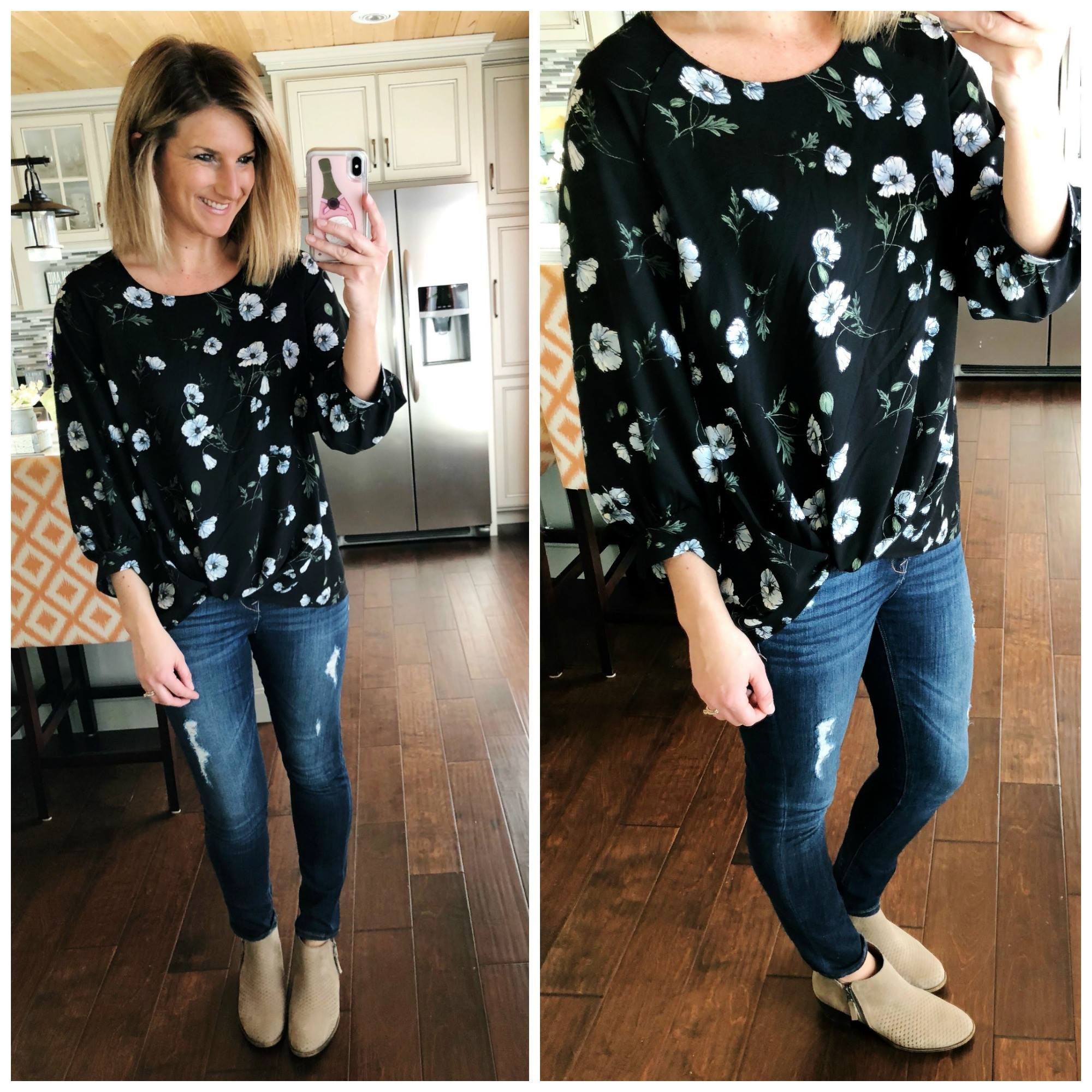 How to Style a Twist Hem Top // Spring Fashion // Floral Twist Hem Top + Distressed Jeggings + Tan Booties