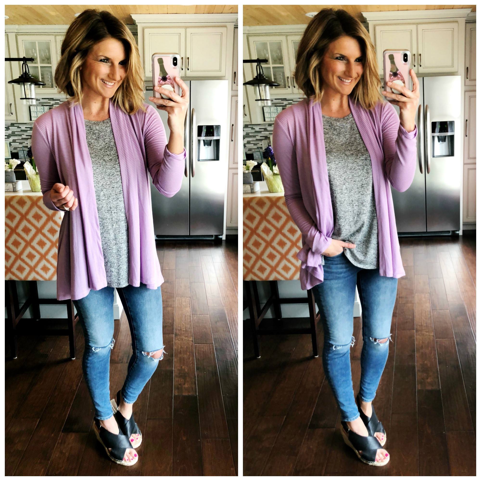 Casual Spring Outfit // Marled Grey Top + Distressed Jeggings + Lilac Cardigan + Espadrille Sandals // Easy Spring Outfit