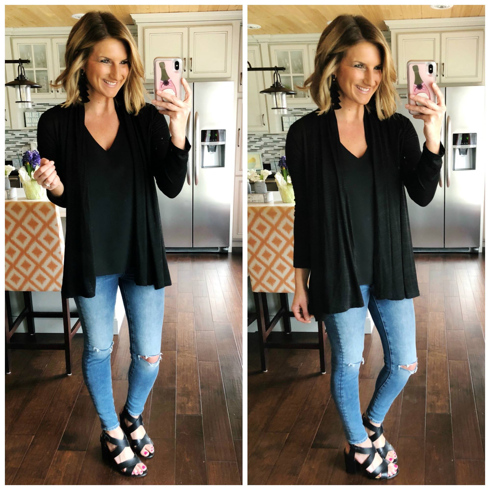 What to wear on date night // black v neck top + cropped jeggings + lightweight cardigan + strappy sandals + tassel earrings // statement earrings 