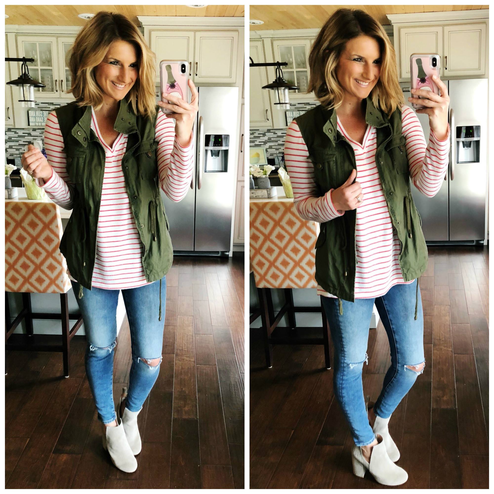 Spring Fashion // Striped Top + Cropped Jeggings + Military Vest + Cutout Booties // How to Wear a Military Vest in Spring
