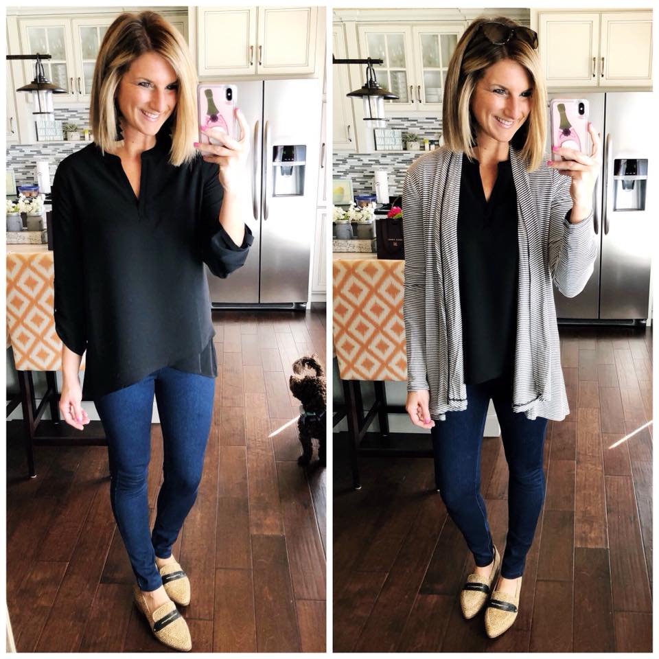 Casual Work Outfit // Black Tunic + Jeggings + Lightweight Cardigan + Cheetah Print Flats