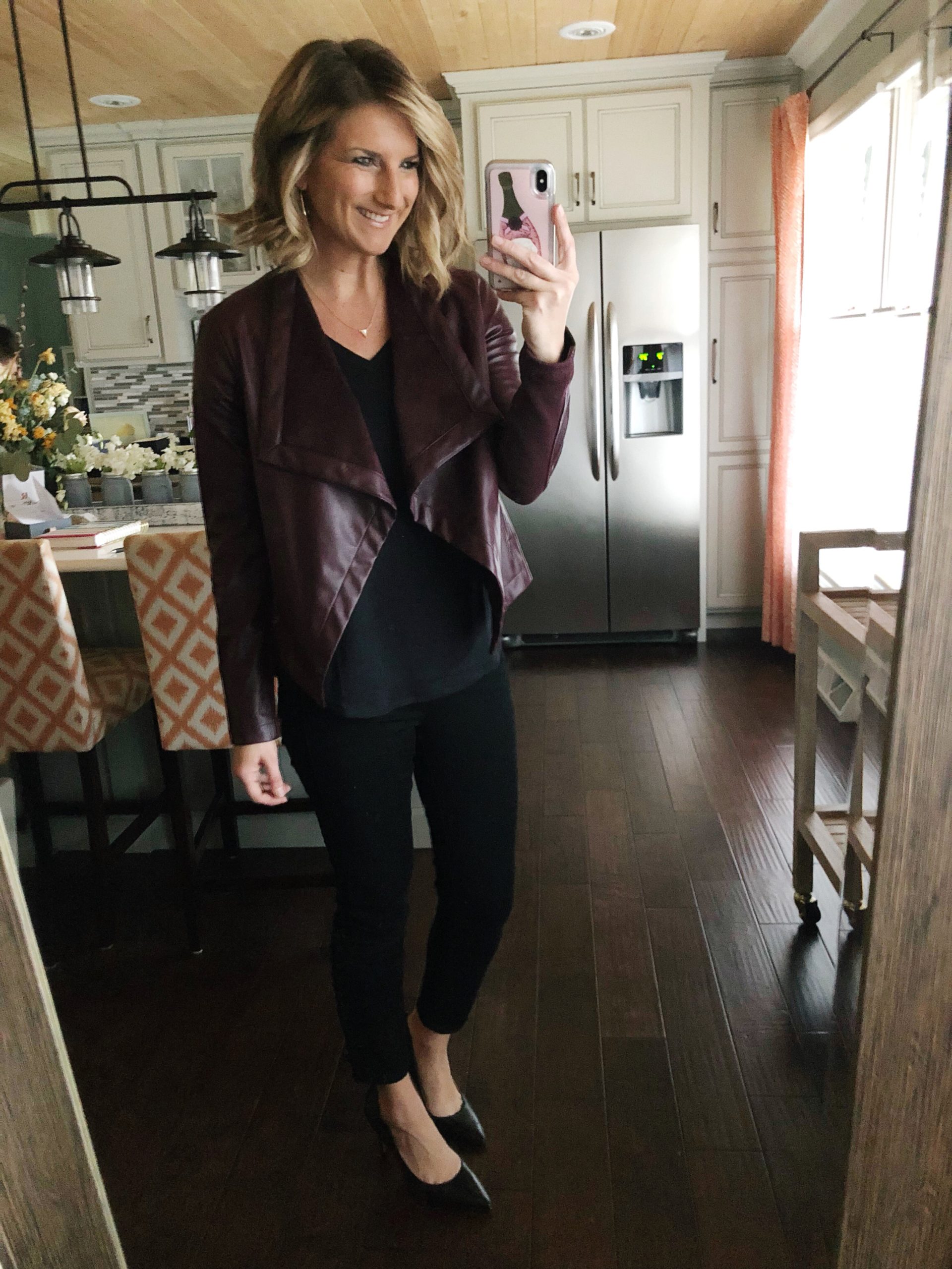 Dressy Date Night Outfit // Black Top + Lace Up Cropped Black Skinny Jeans + Pointy Toed Heels + Drapey Jacket // Spring Fashion