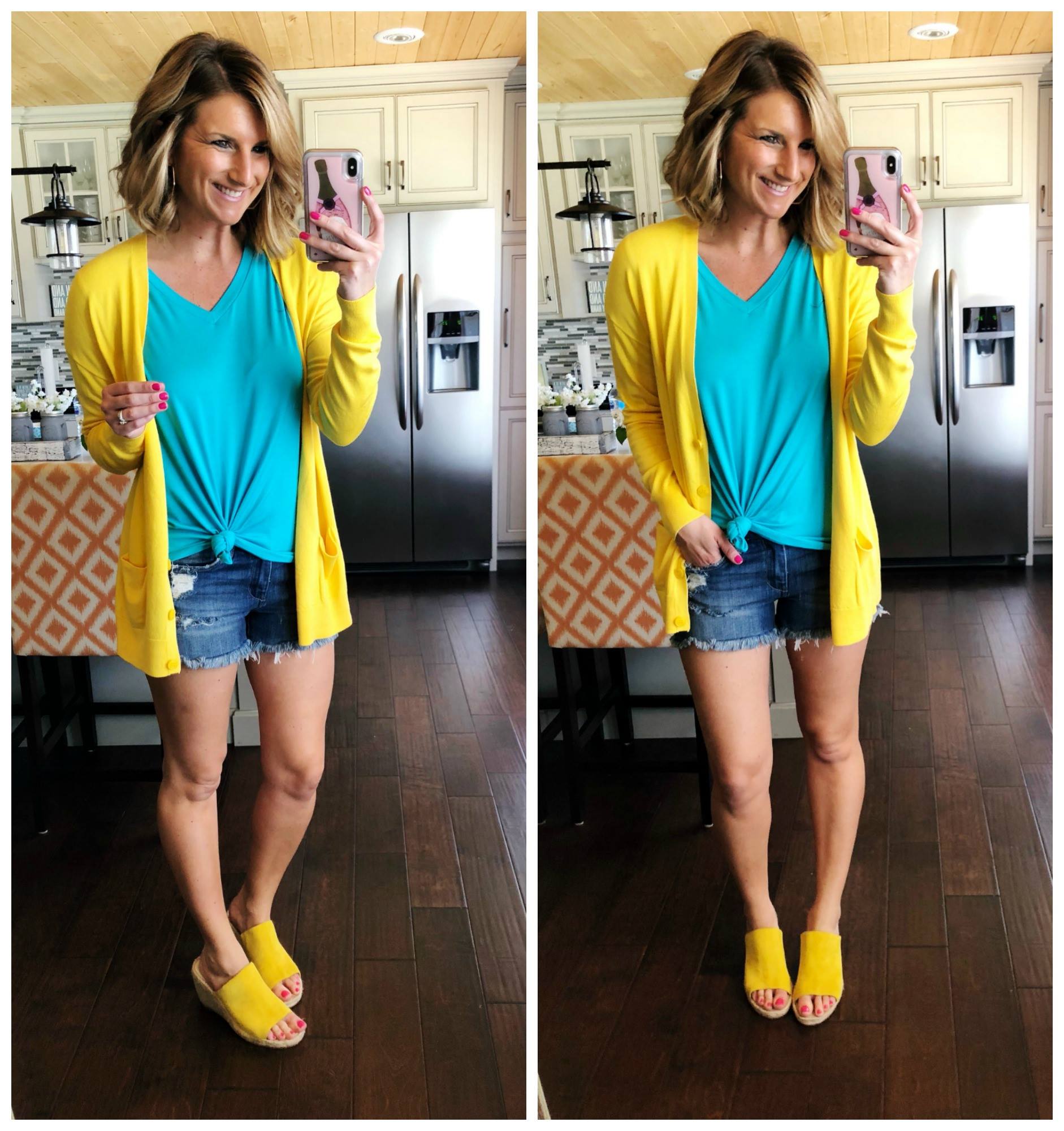 Casual Summer Outfit // How to Wear Bright Color Clothes // Perfect V Neck Top + Cut Off Shorts + Cardigan + Wedge Sandals