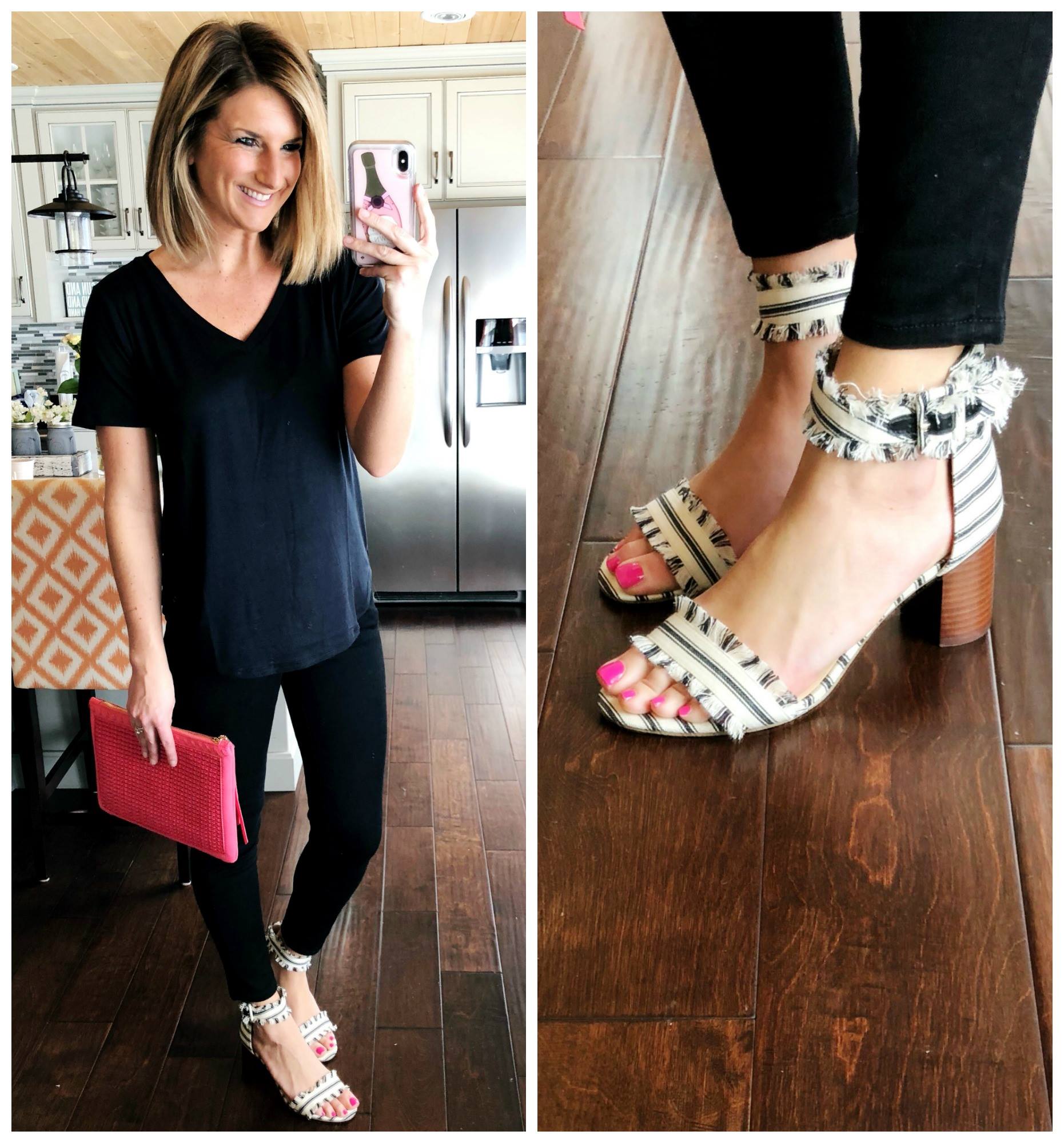 Date Night Outfit // Perfect V Neck Tee + Black Skinny Jeans + Black and White Striped Sandals + Statement Clutch // Girls Night Out Outfit // Spring Fashion