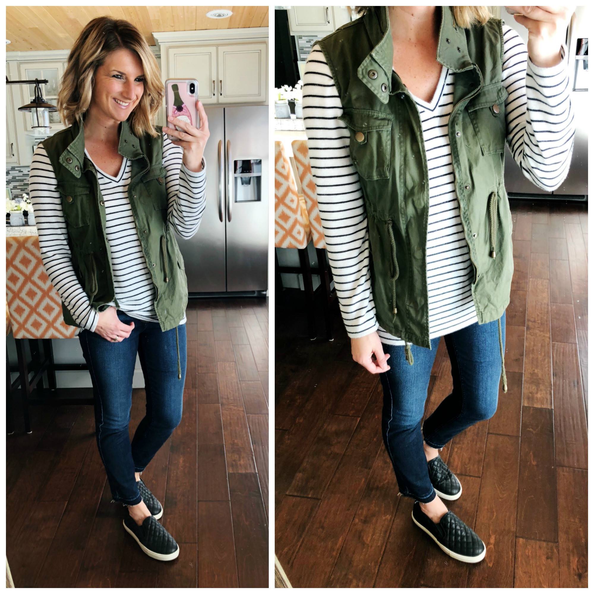 Spring Transitional Outfit // Striped Top + Release Hem Skinny Jeans + Military Vest + Black Sneakers // Spring Fashion