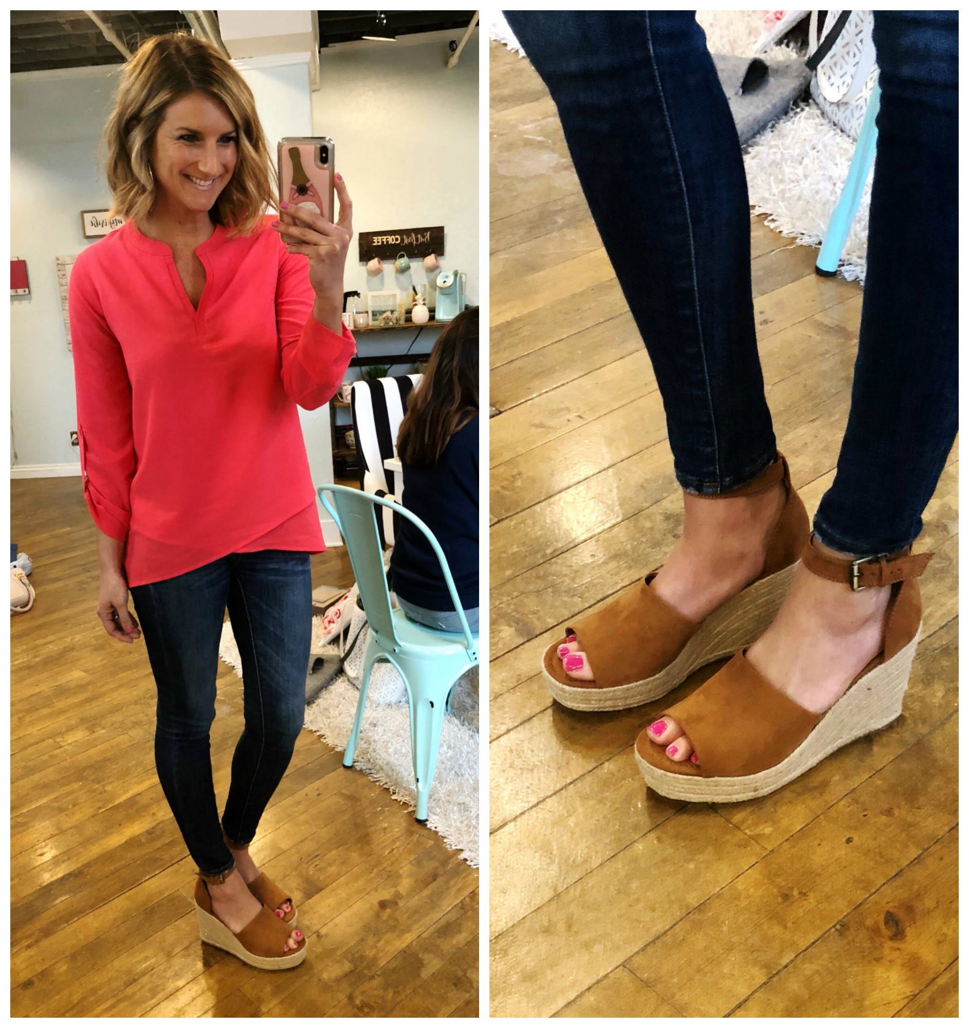 How to Add a Pop of Color to Spring Outfit // Crossover Tunic + Jeggings + Open Toe Wedge Sandals // Target Wedge Sandals