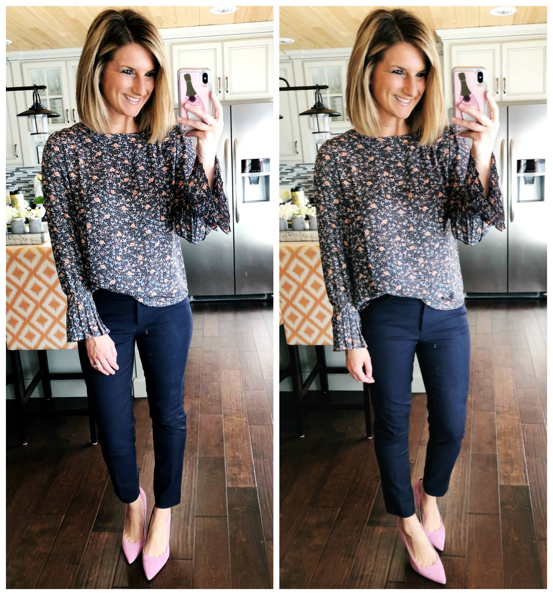 Casual Work Outfit // Work Wear // Floral Blouse + Navy Dress Pants + Heels // Spring Fashion