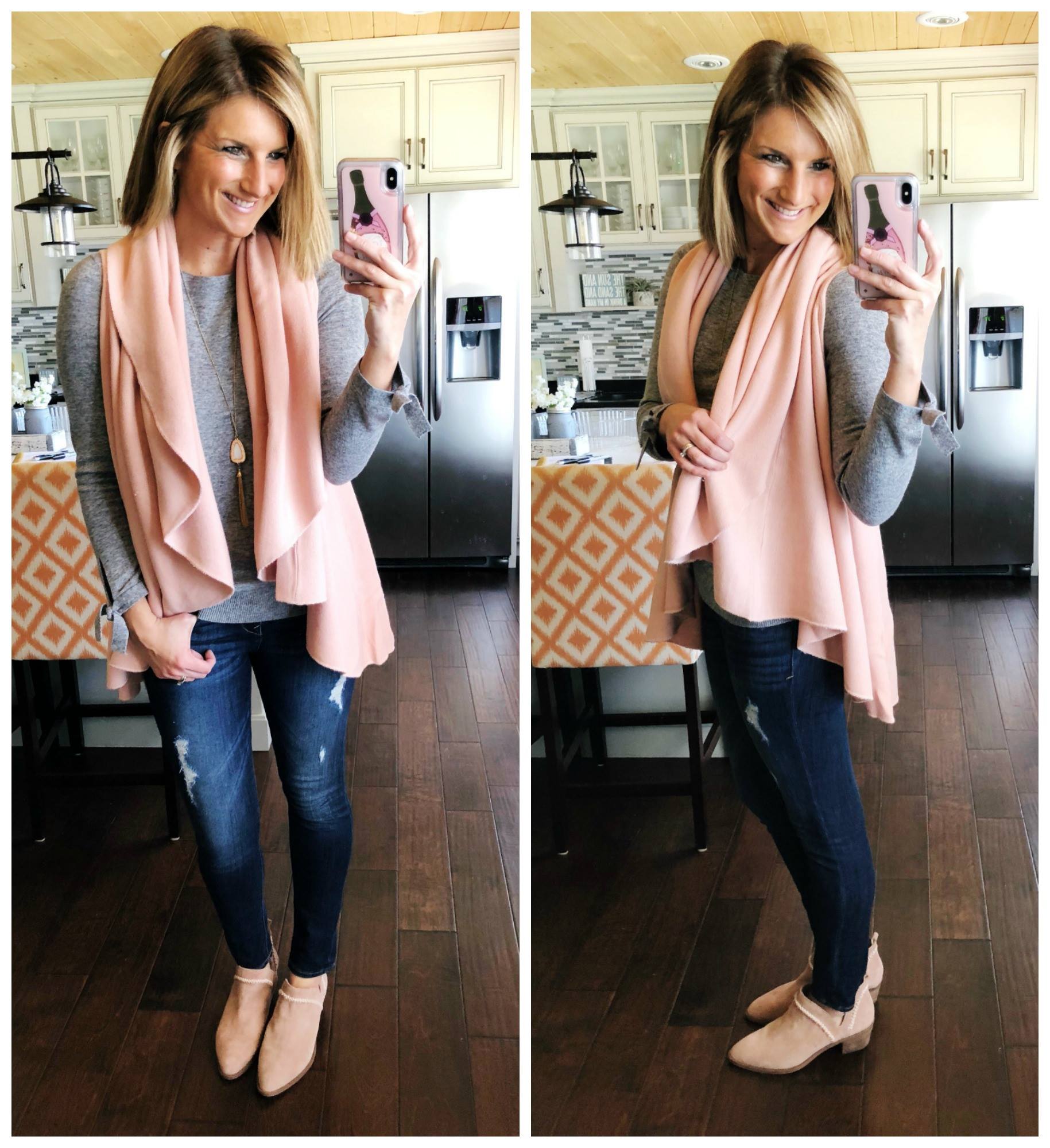 Spring Outfit // How to Wear a Shawl Vest // Tie Cuff Sweater + Distressed Jeggings + Blush Vest + Booties