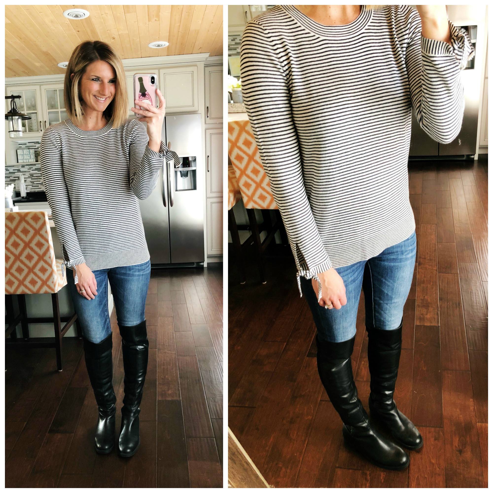 Spring Outfit // Winter to Spring Outfit // Black and White Striped Sweater + Jegging + Knee High Boots