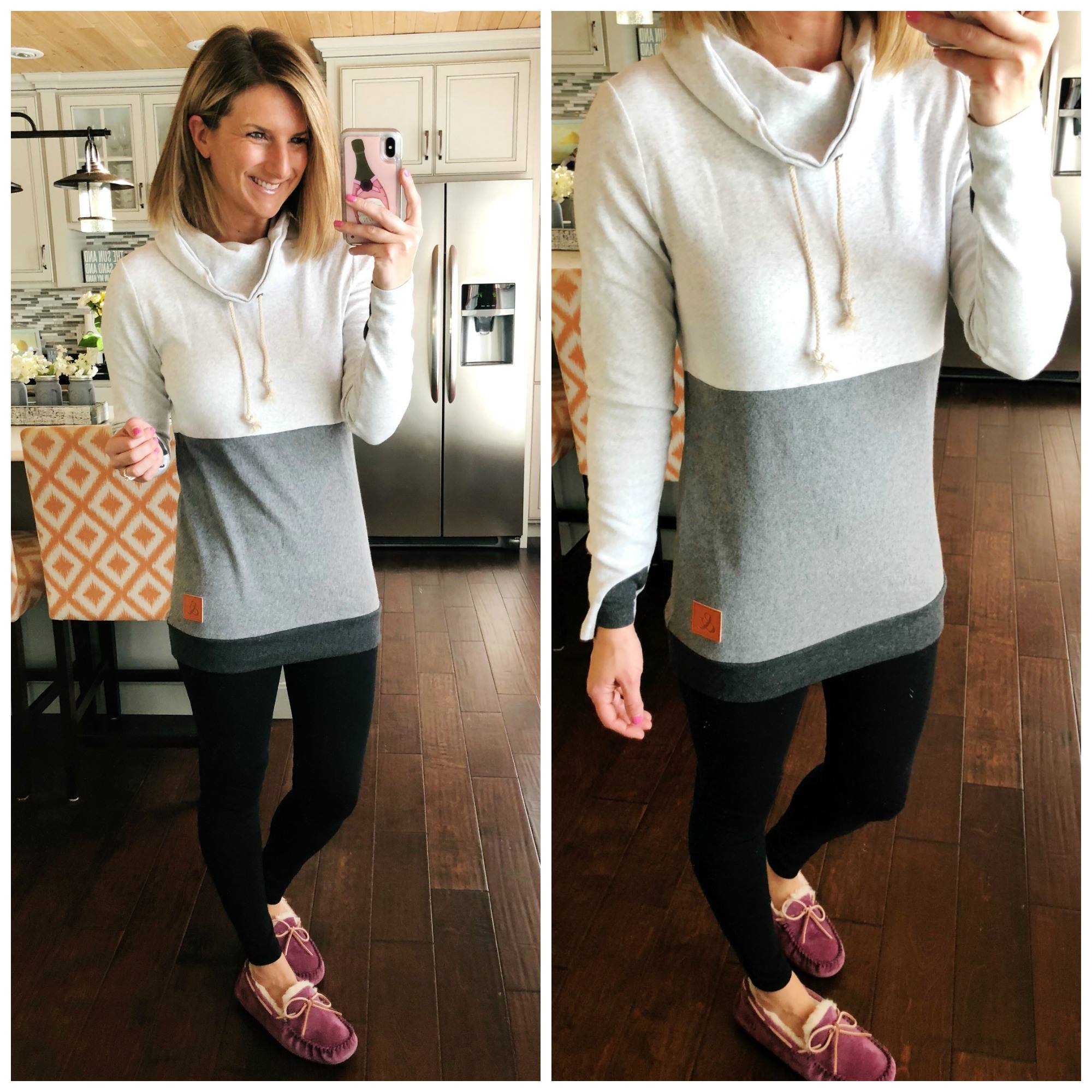 Athleisure Outfit // Cowlneck Sweatshirt + Black Leggings + Ugg Slippers // Casual Spring Outfit