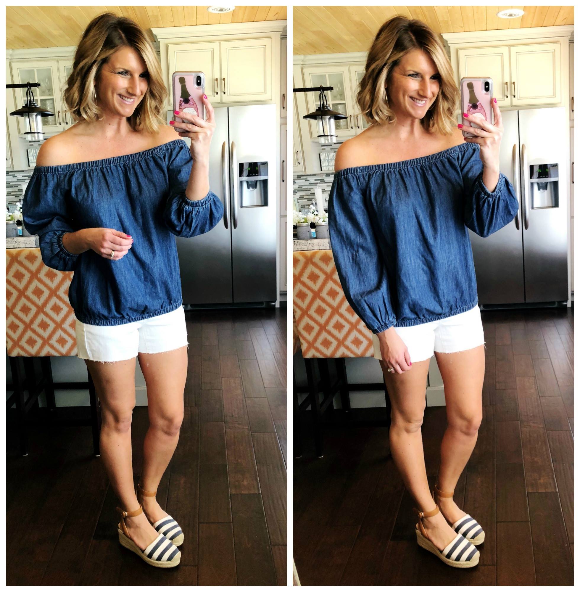 Vacation Outfit // Off The Shoulder Top + White Shorts + Espadrille Wedges // Summer Outfit // Summer Fashion // Vacation Wear