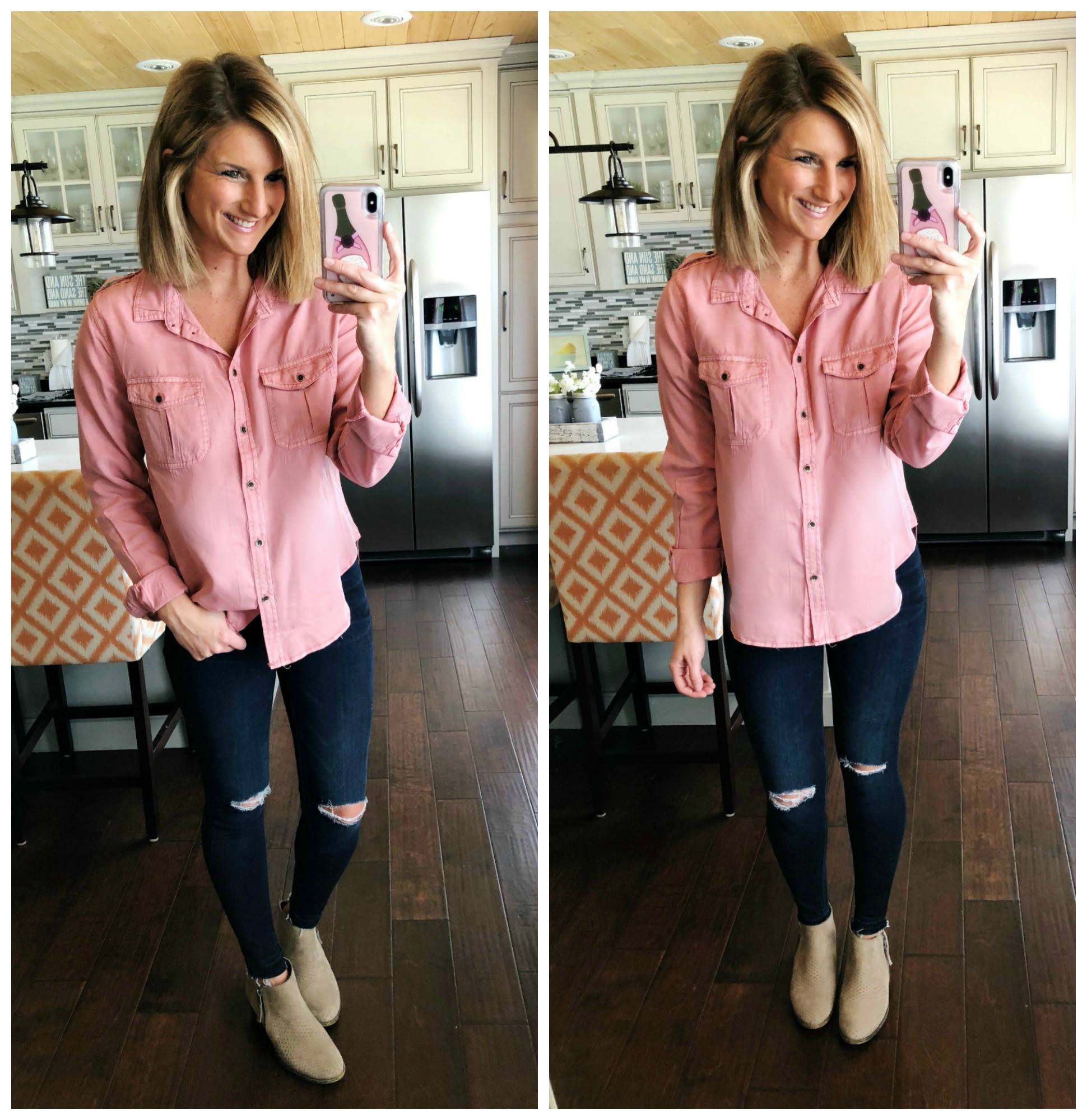 Blush Button Up + Distressed Jeggings + Tan Booties // How to Wear a Twill Shirt