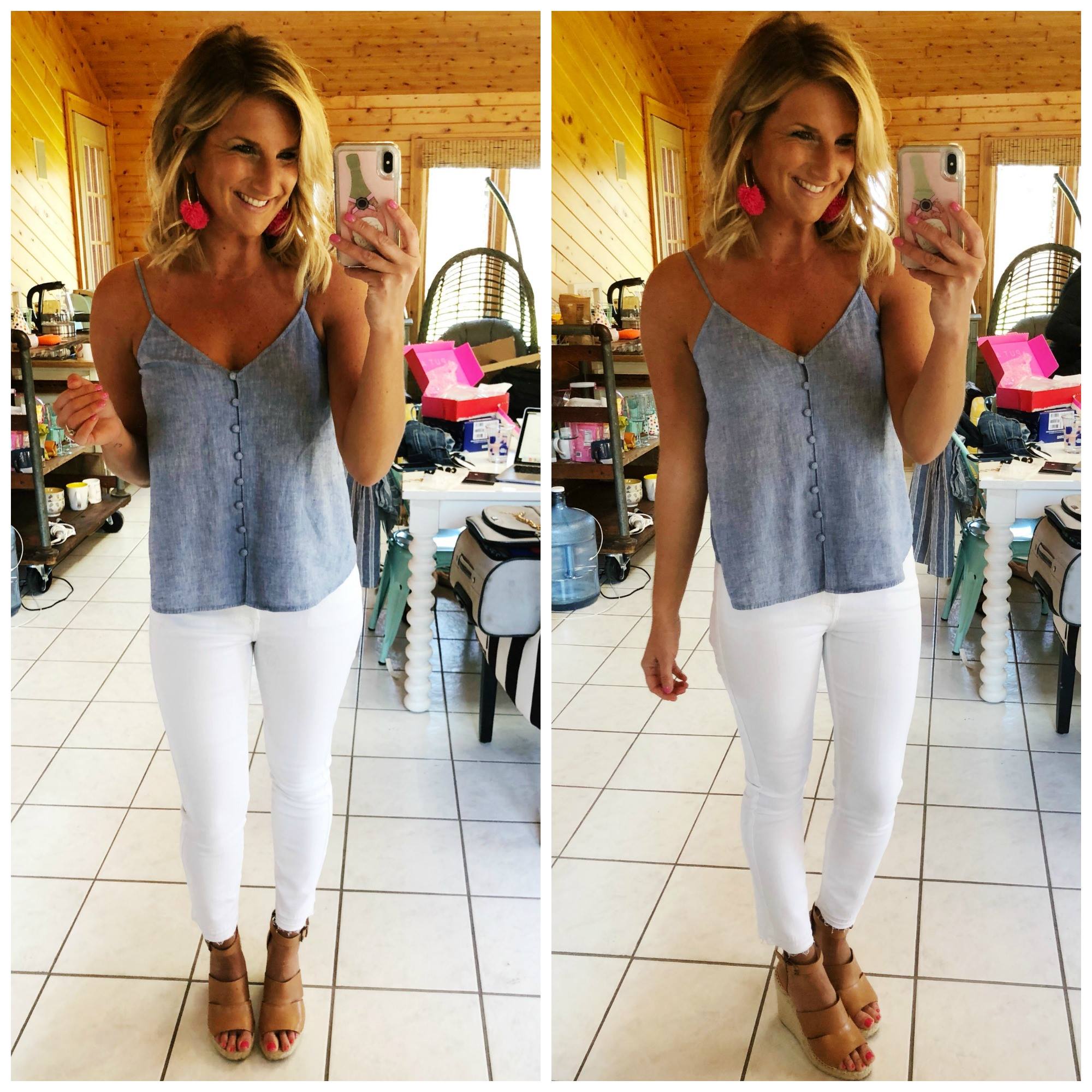 Cute Spring to Summer Outfit // Chambray Cami + White Jeans + Wedge Sandals