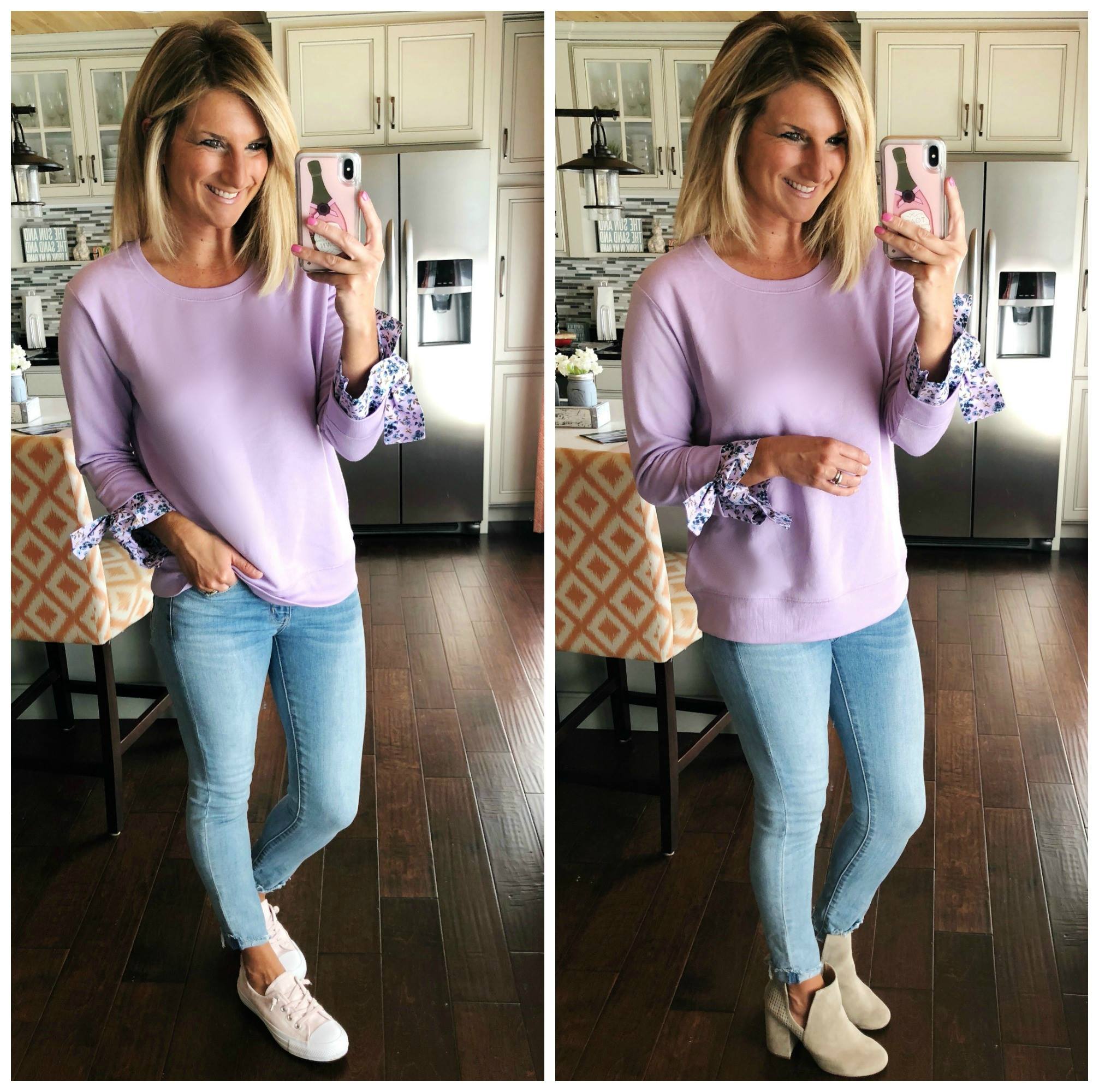 Floral Print Cuff Top // Cuffed Top with Cropped Jeggings and Cutout Booties or Blush Sneakers // Perfect Spring Sweatshirt 