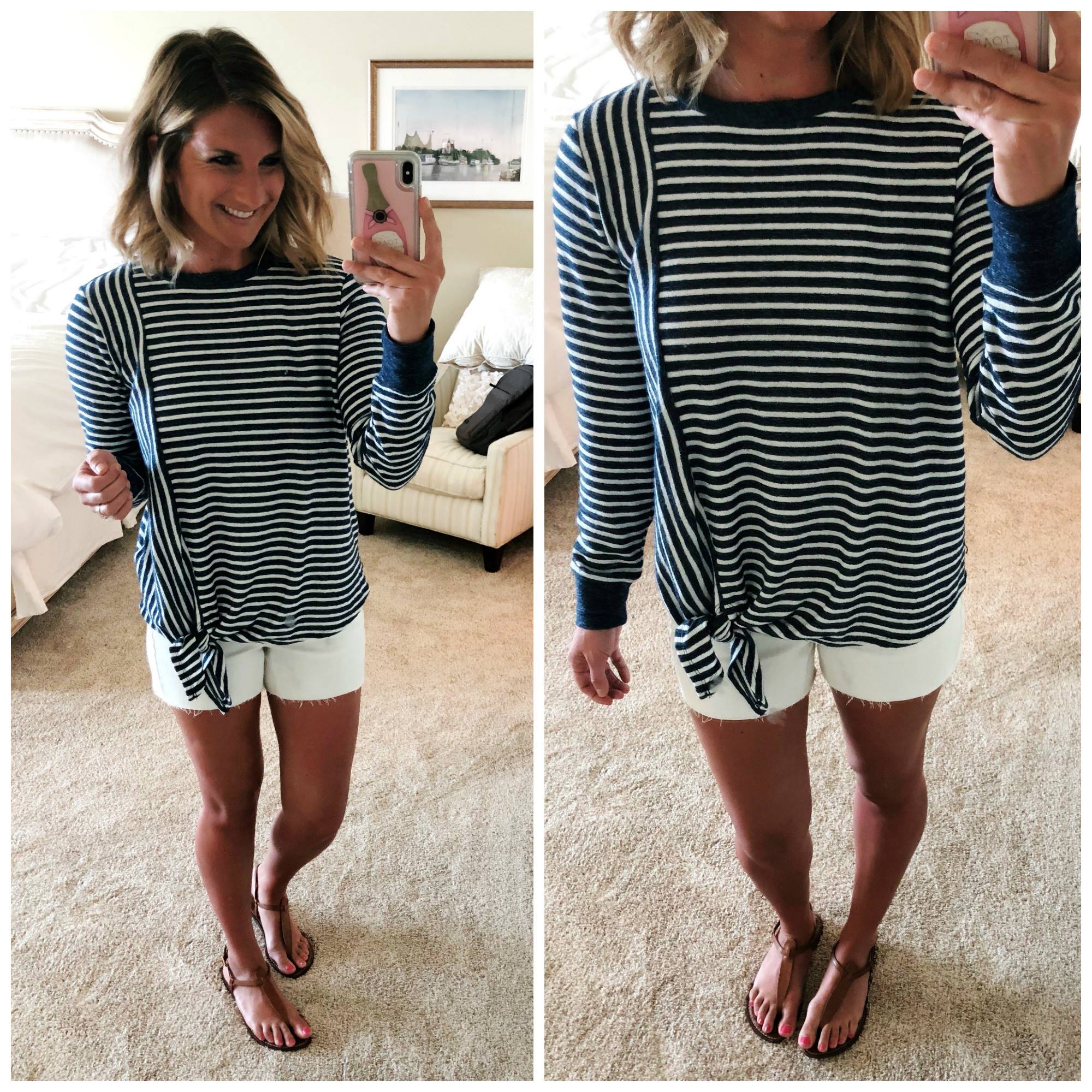 Cute Vacation Outfit // Navy and White Striped Top + Released Hem Shorts + Sandals // Summer Fashion