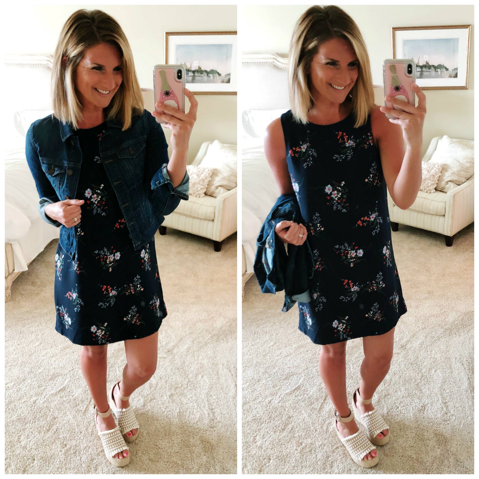 Perfect Summer Dress // Floral Shift Dress // Shift Dress + Espadrille Wedges + Jean Jacket // What to Wear on Vacation