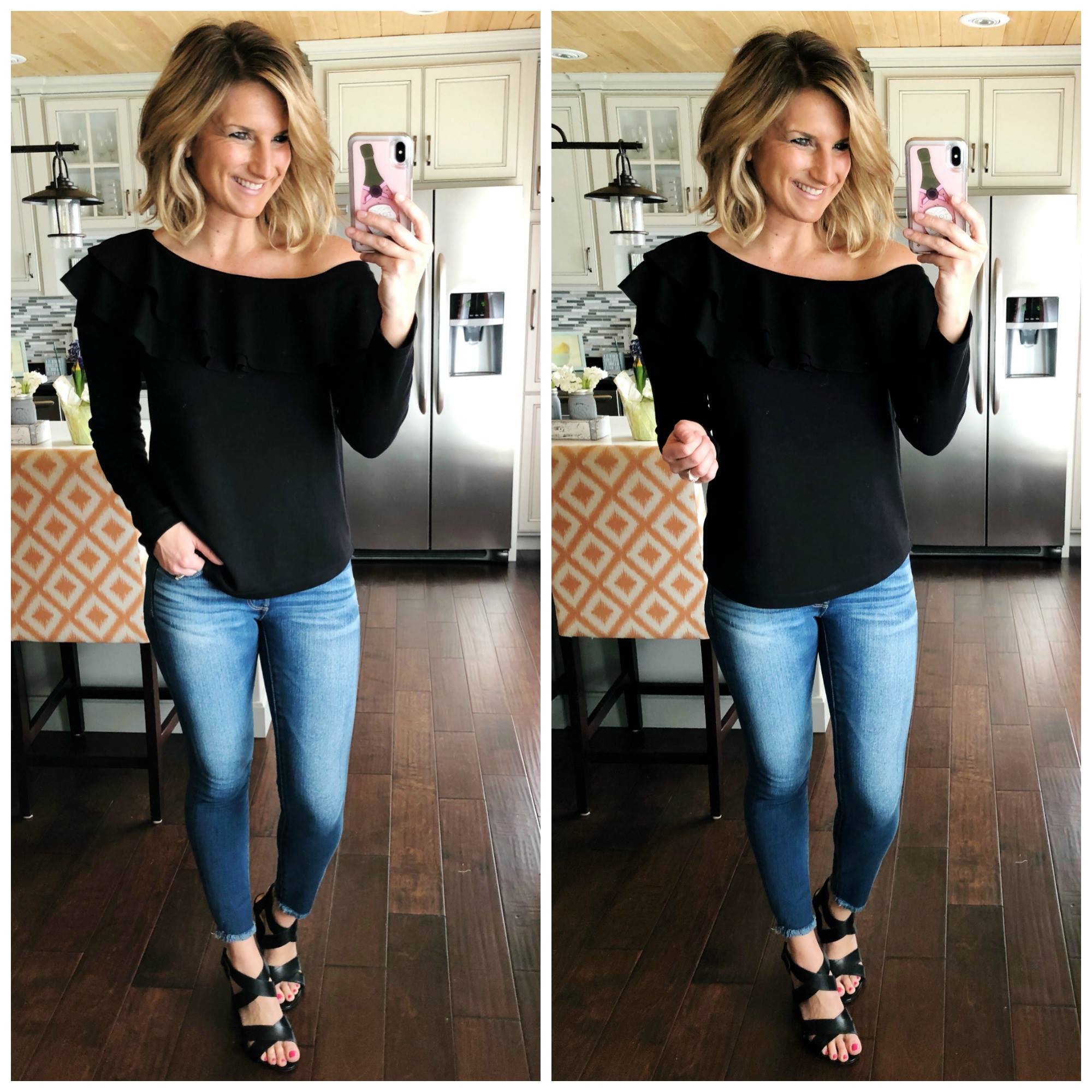 What to Wear on Date Night // Date Night Outfit Inspiration // Ruffle Top + Cropped Jeggings + Black Sandals 