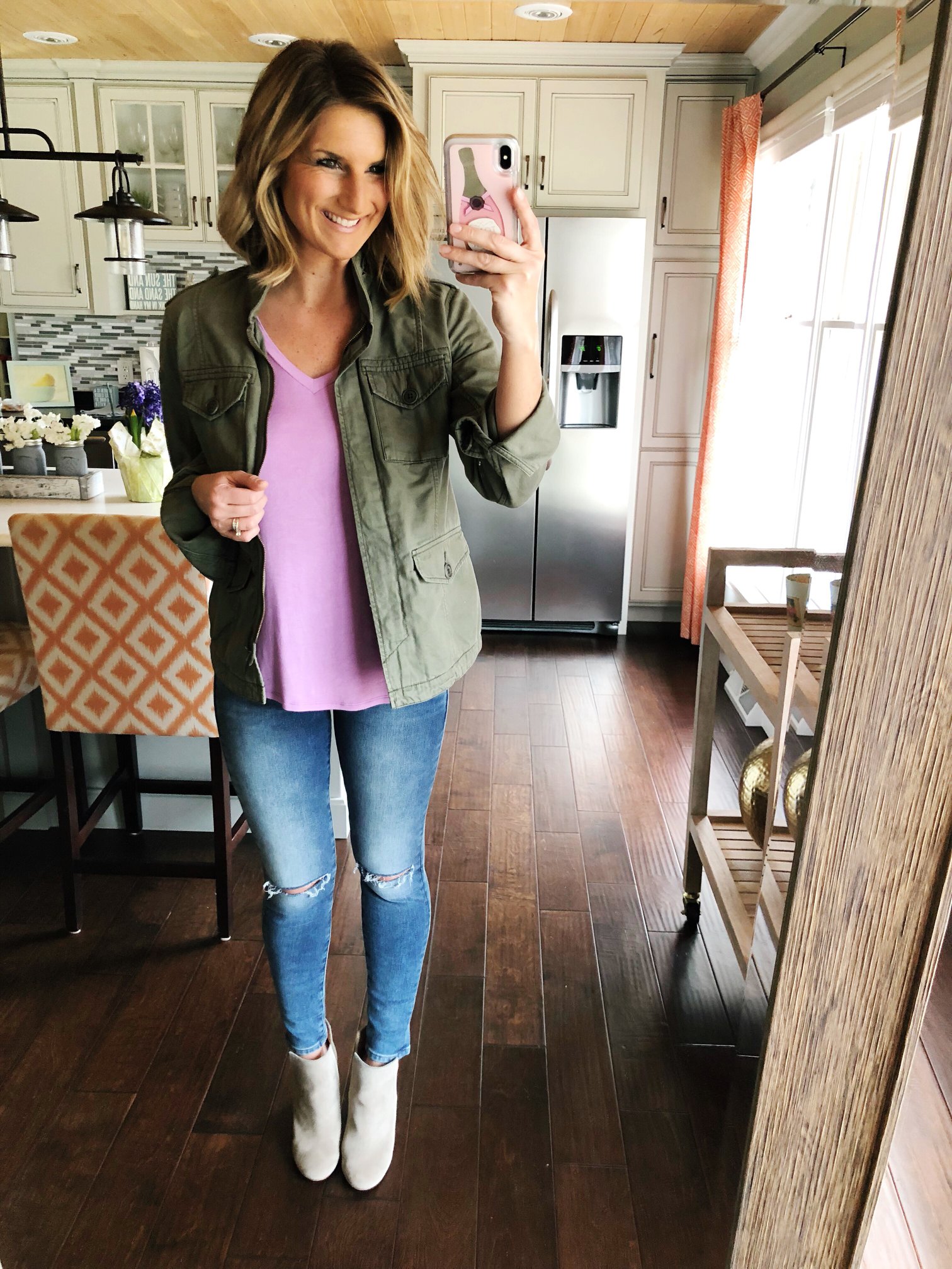 Spring Layers // Lilac Top + Cropped Jeggings + Cutout Booties + Military Jacket 