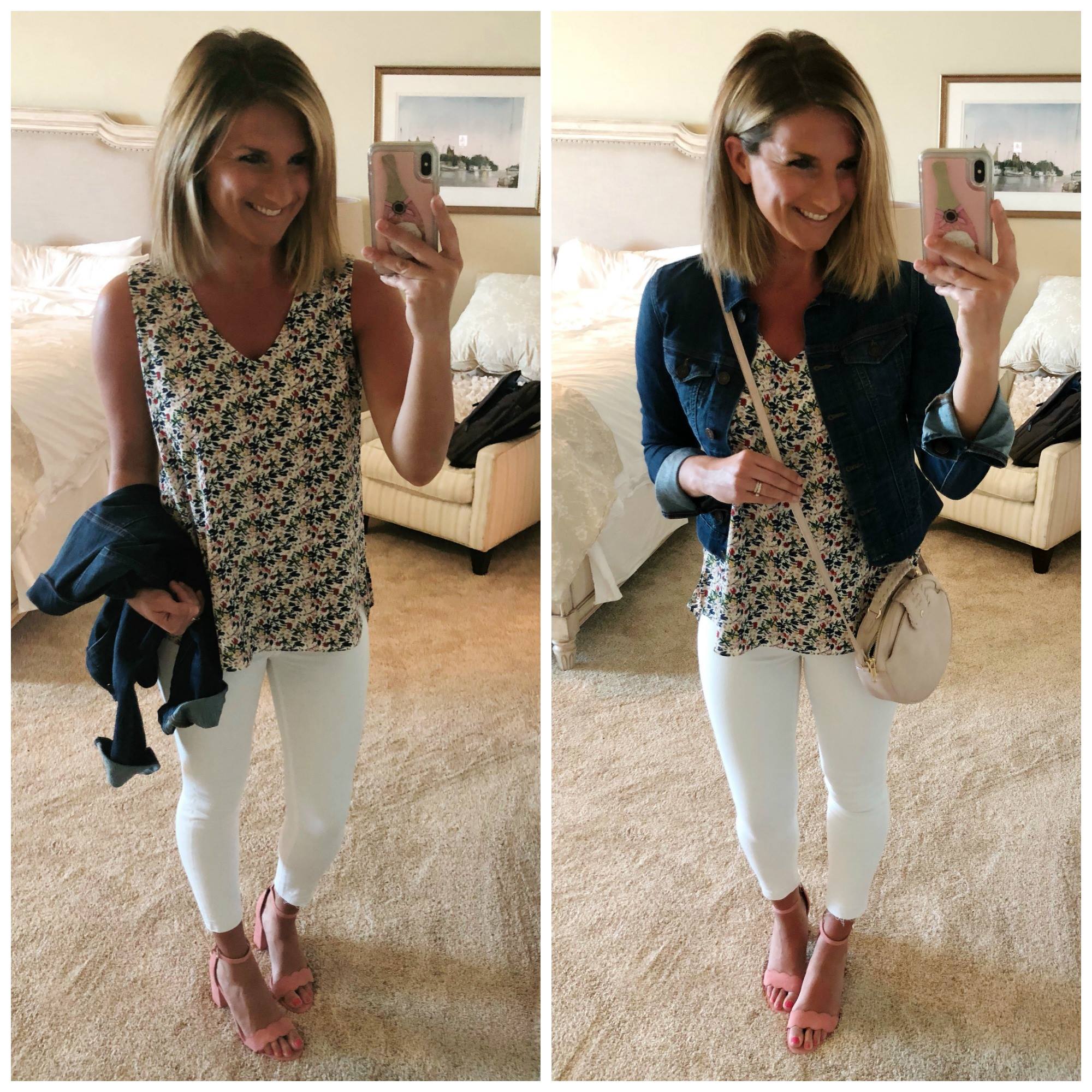 Perfect Spring Outfit // Floral Tank + White Jeggings + Heeled Sandals + Jean Jacket + Crossbody Purse // Spring Fashion