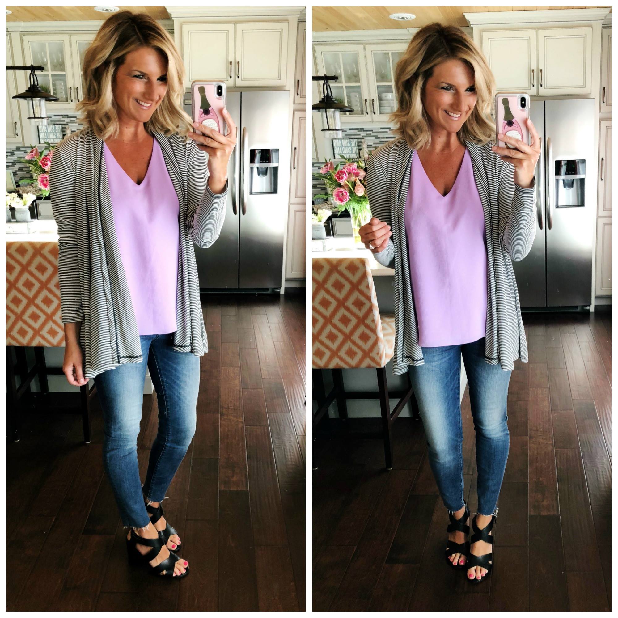 The Perfect Date Night Outfit // Lavender Top + Released Hem Skinny Jeans + Striped Cardigan + Block Heel Sandal