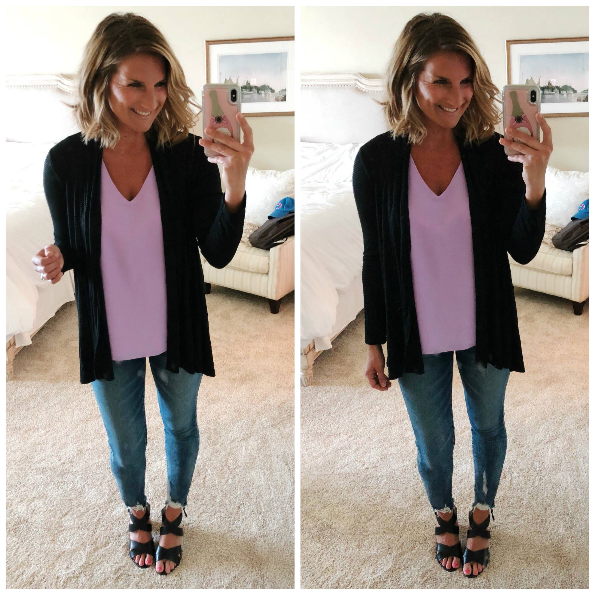 What to Wear to Dinner on Vacation // Vacation Wear // V Neck Top + Cropped Jeggings + Lightweight Cardigan + Block Heel Sandals