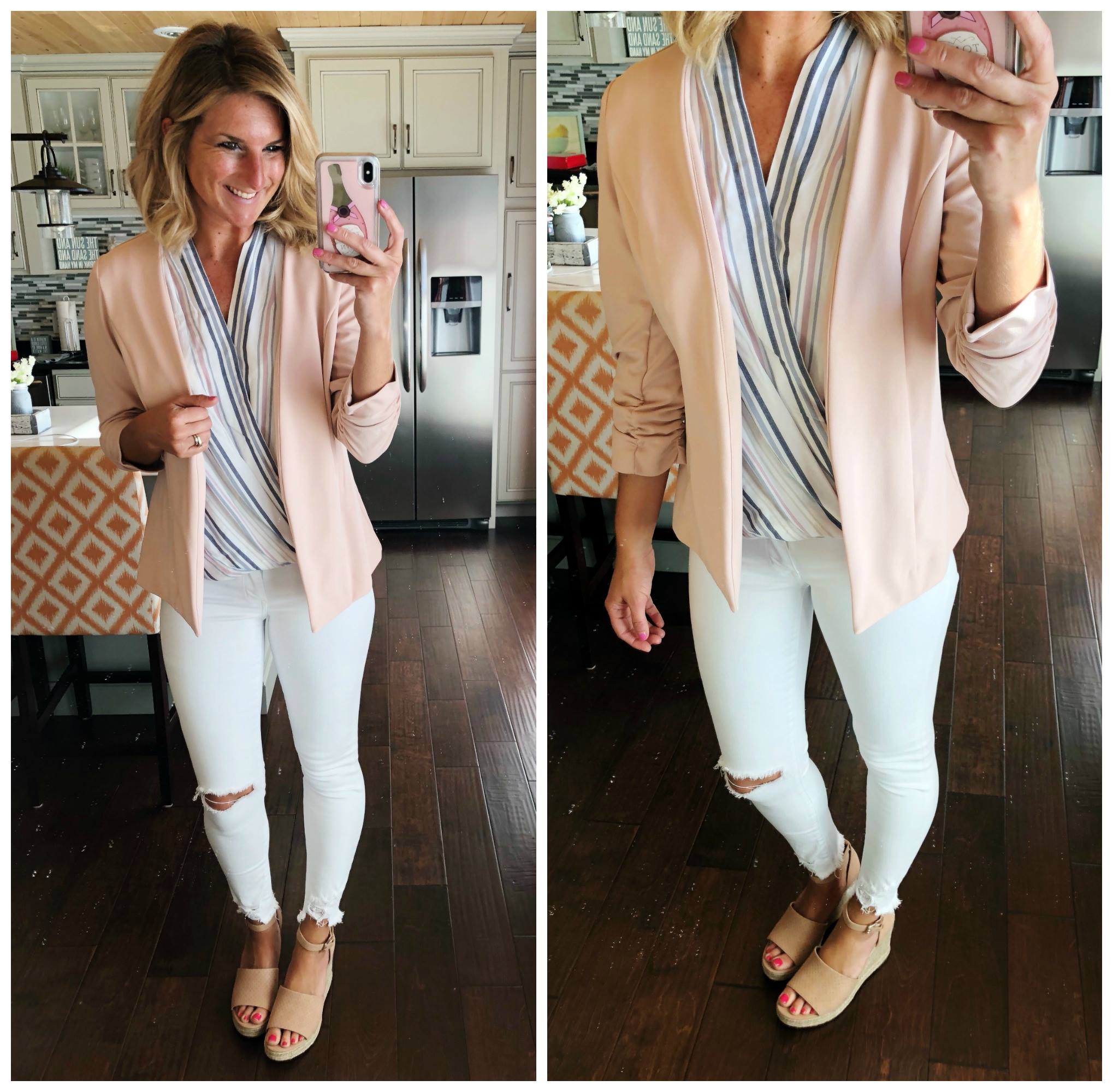Work Wear Outfit Inspiration // Wrap Top and white jeggings with blush blazer // Outfit of the day