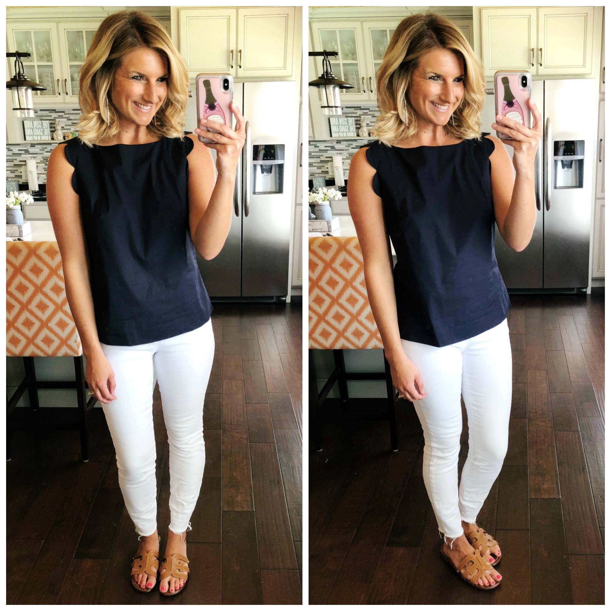 Work to Play Outfit // Work Outfit Inspiration // Scalloped Tank with non sheer white jeans and slide sandals