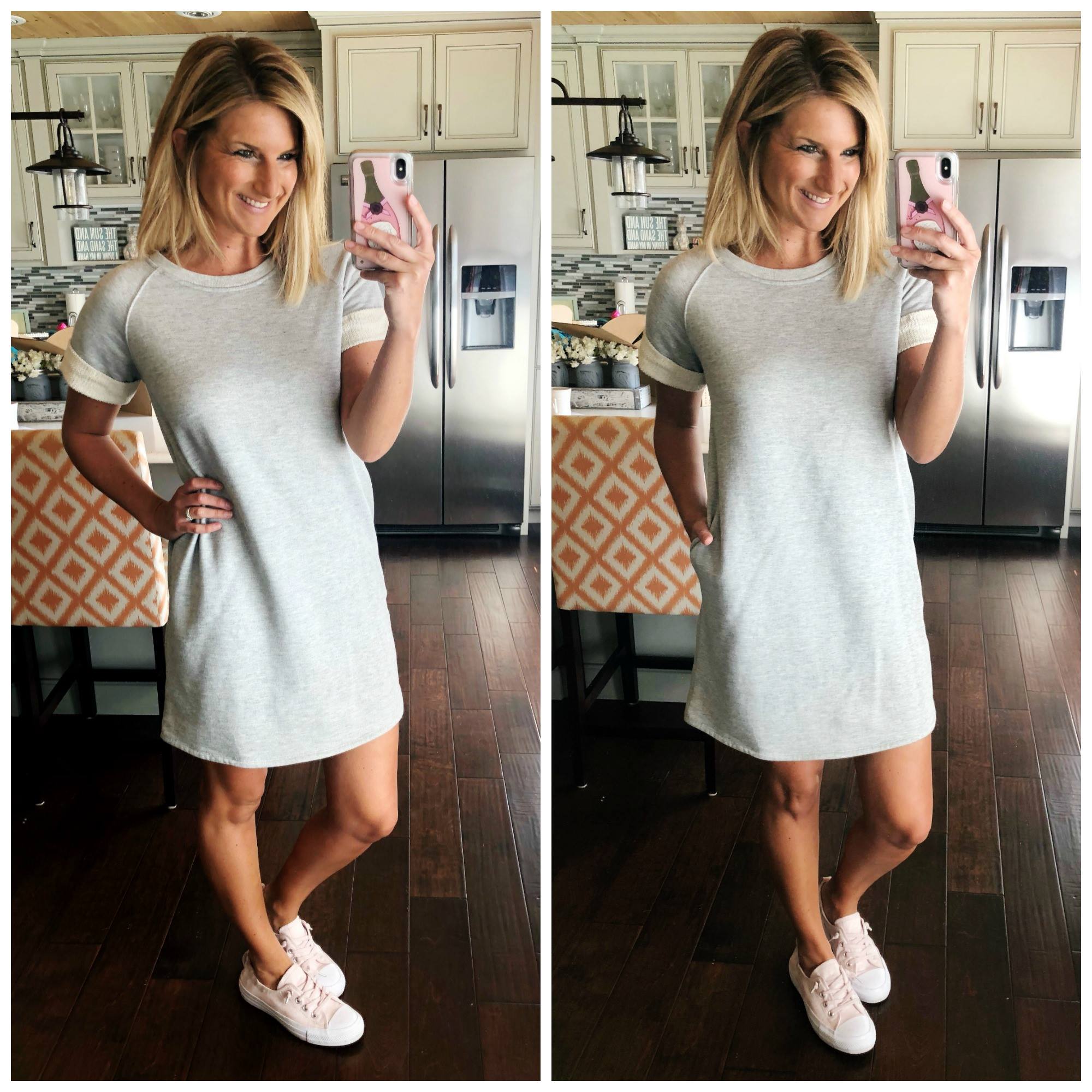 Perfect Shift dress for Spring and Summer // Grey French Terry Dress and Slip On Sneakers // Spring Fashion // Blush Sneakers