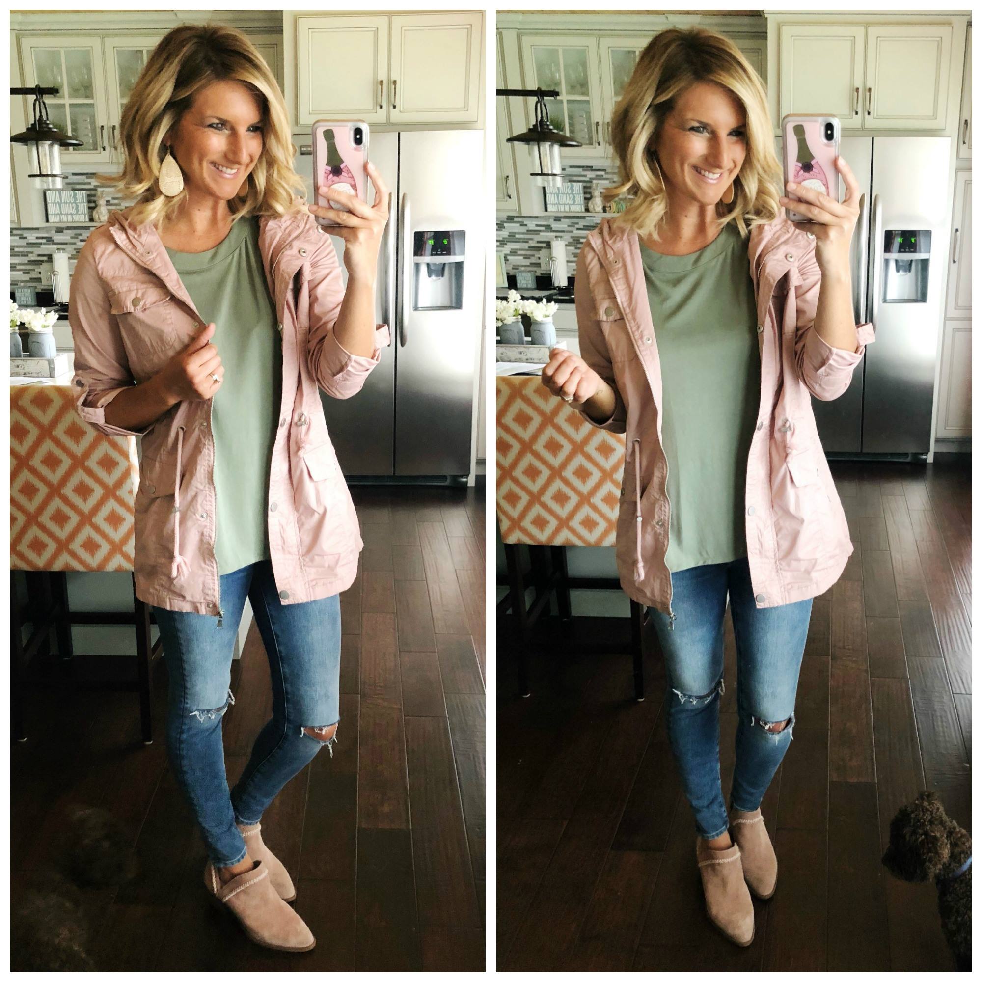 Blush Lightweight Spring Jacket under $100 // Affordable Jacket // Ruffle Back Hem Top with cropped jeggings and blush booties // Spring Booties