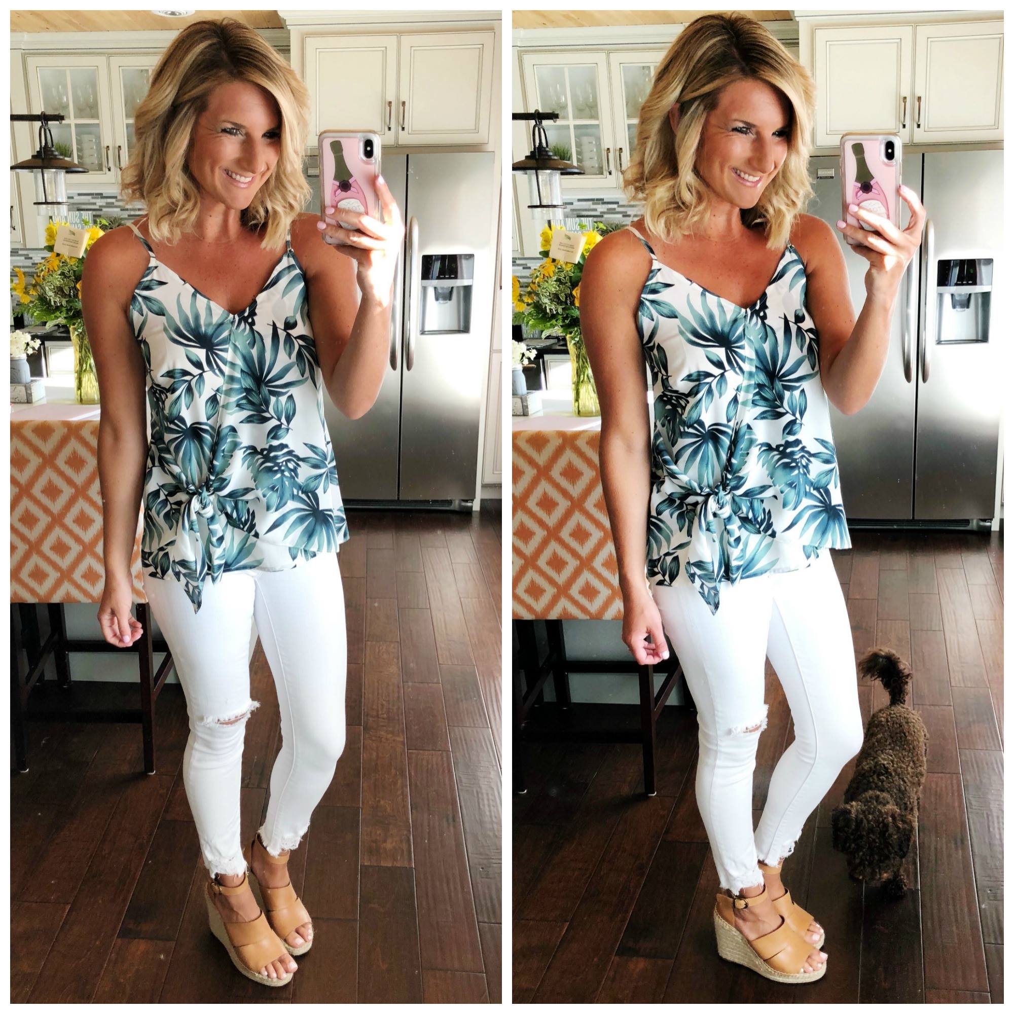 How to Style White Jeans / Palm Print Top / Tie Front Top with White Jeans and Wedge Sandals