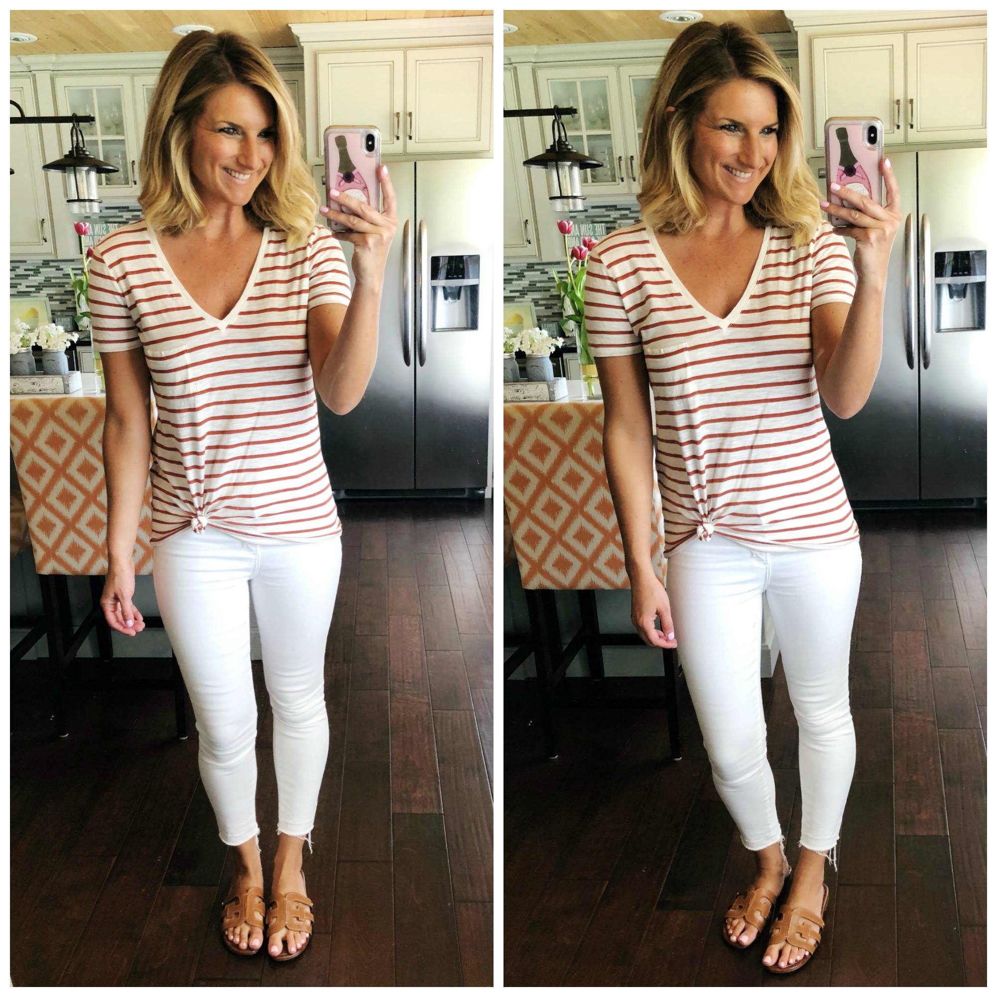 How to tie a tee // what to wear with white jeans // v neck top with white jeans and slide sandals