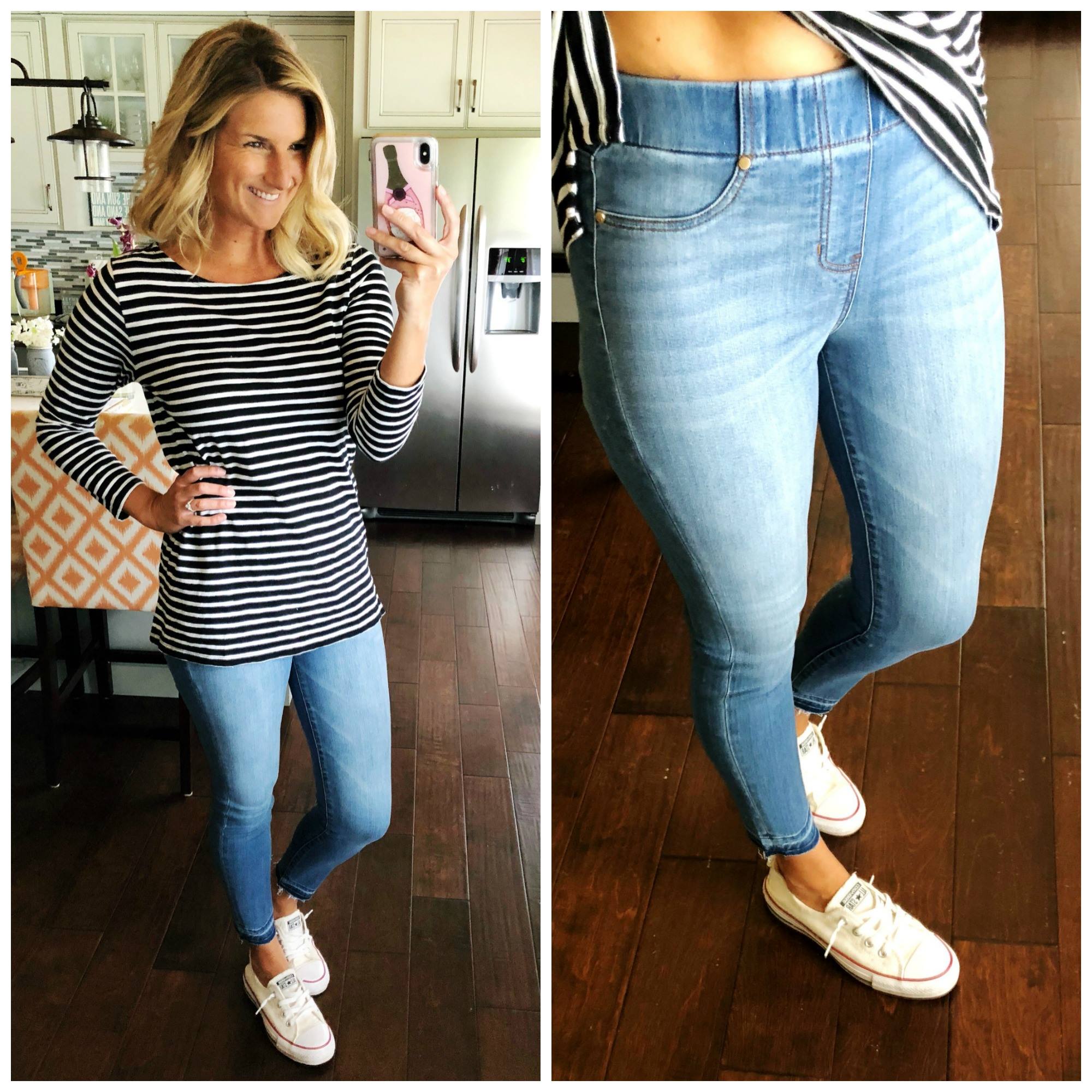 What to Wear with Pull on Jeans // Striped Top with Released Hem Jeggings and Converse