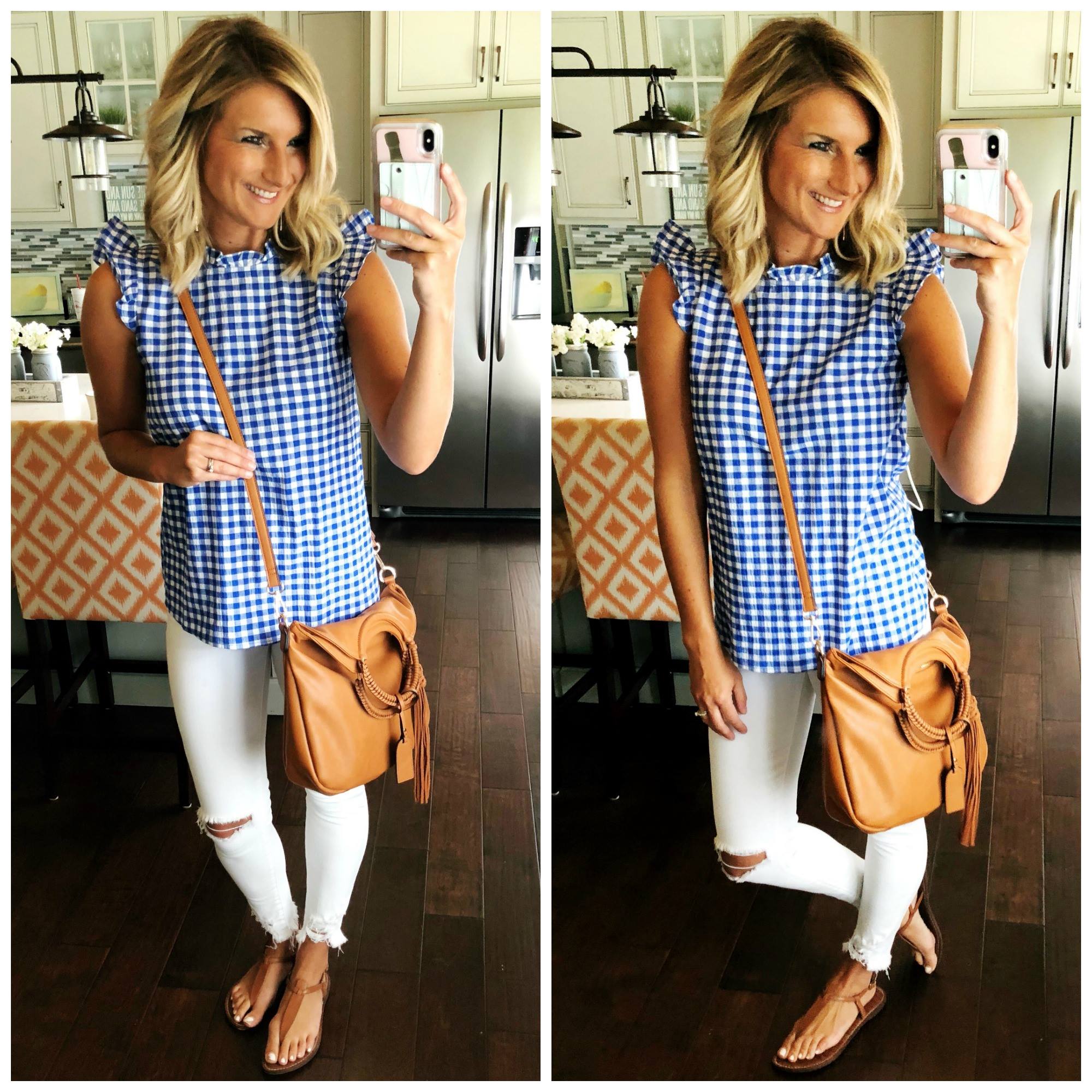 What to Wear with White Jeans in the Summer // Non Sheer White Jeans // Gingham Top with White Jeans with Sandals // Cute Summer Outfit // Summer Fashion // Foldover Tote