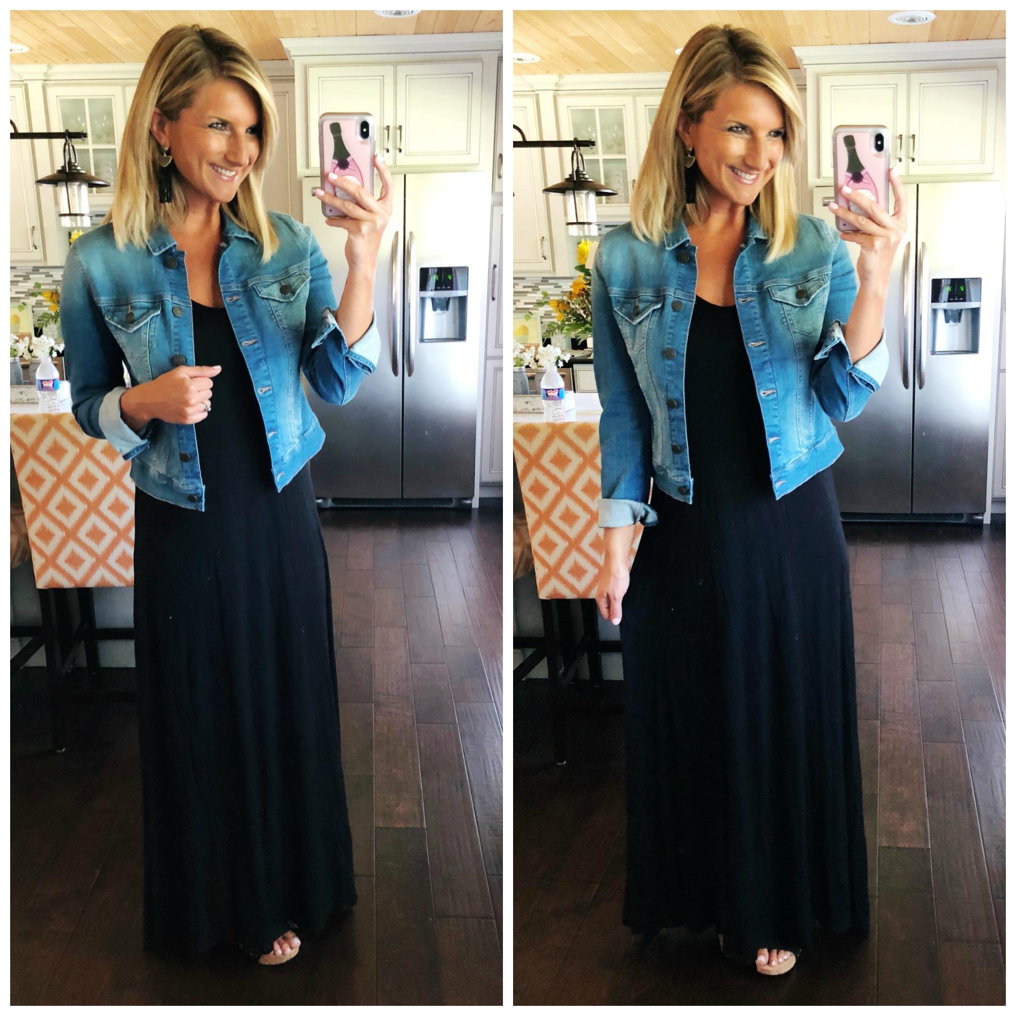 Perfect Black Maxi Dress for a wedding, work, event or everyday // Closet Staple Denim Jacket // How to Style a Maxi Dress