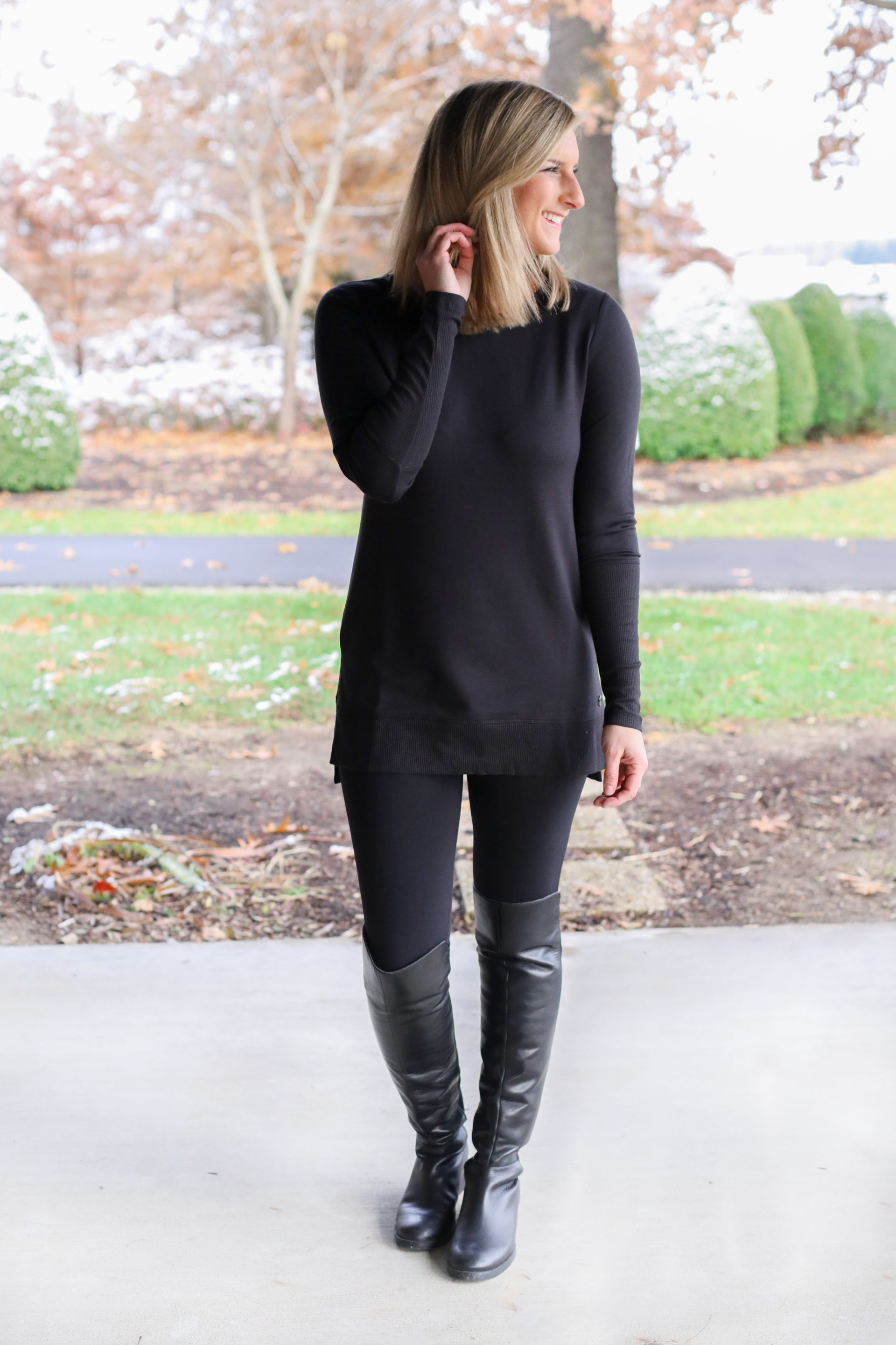 Blue Tunic Top + Faux Leather Leggings, Lady in Violet