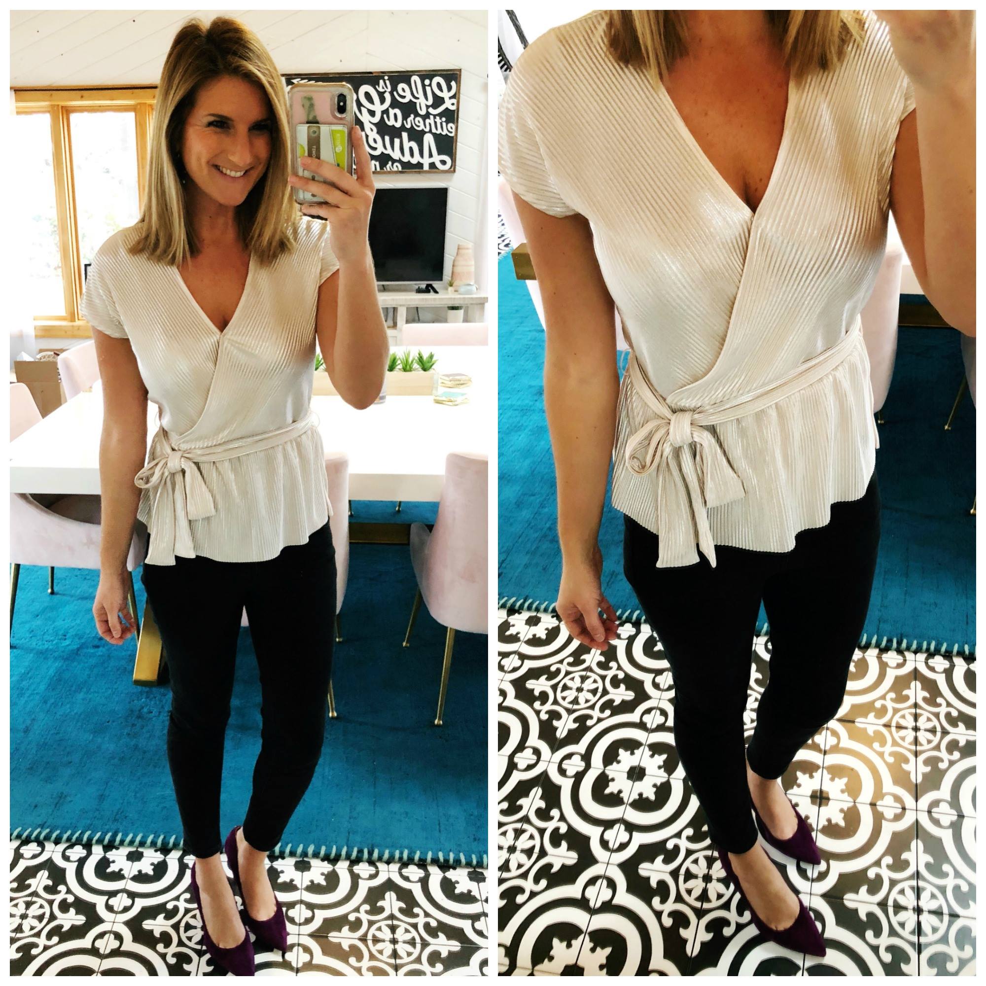 NYE Outfit // Holiday Outfit // Holiday Office Party Outfit // Tie top with Black Skinny Jeans 