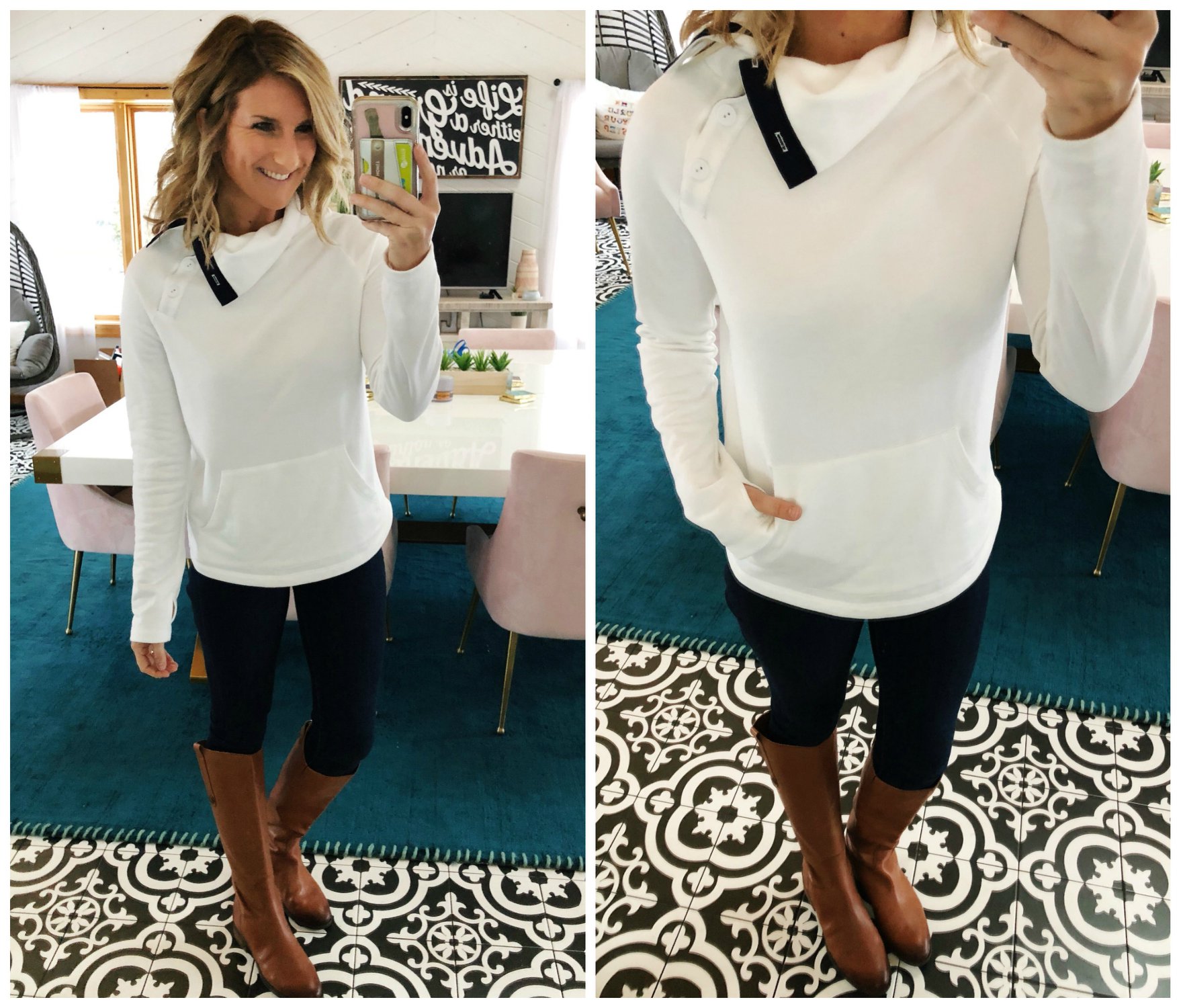 Riding Boots // Pullover with Skinny Jeans // Casual Fall Outfit // White Top // Asymmetrical Button Pullover